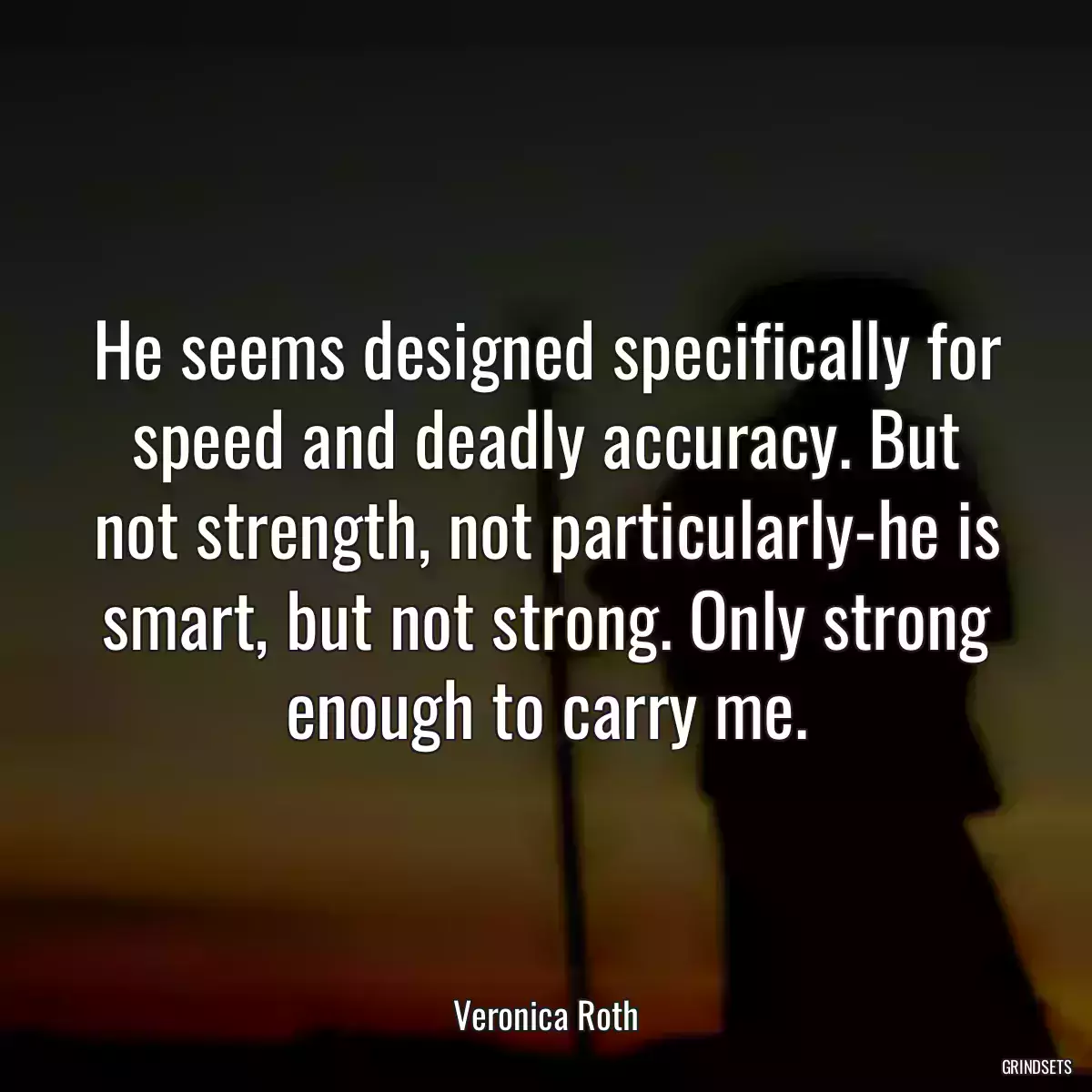 He seems designed specifically for speed and deadly accuracy. But not strength, not particularly-he is smart, but not strong. Only strong enough to carry me.