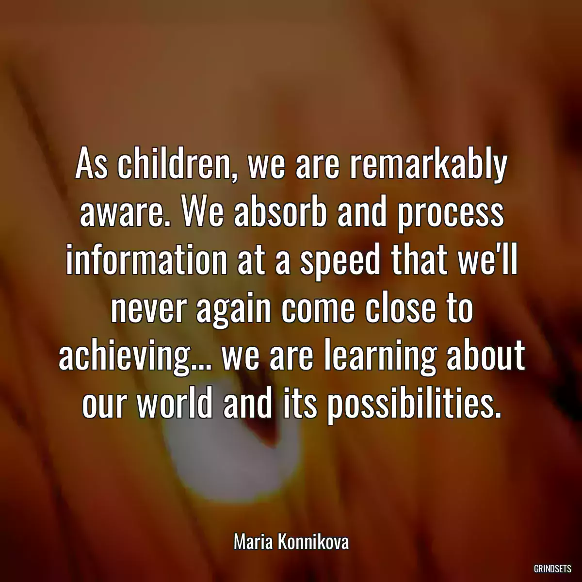 As children, we are remarkably aware. We absorb and process information at a speed that we\'ll never again come close to achieving... we are learning about our world and its possibilities.