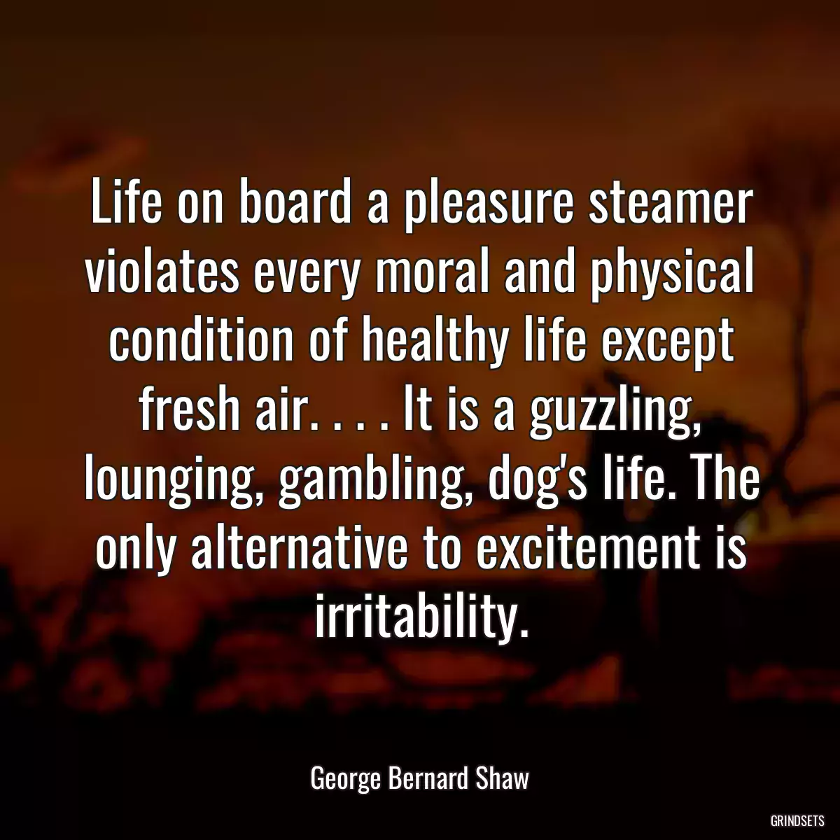 Life on board a pleasure steamer violates every moral and physical condition of healthy life except fresh air. . . . It is a guzzling, lounging, gambling, dog\'s life. The only alternative to excitement is irritability.