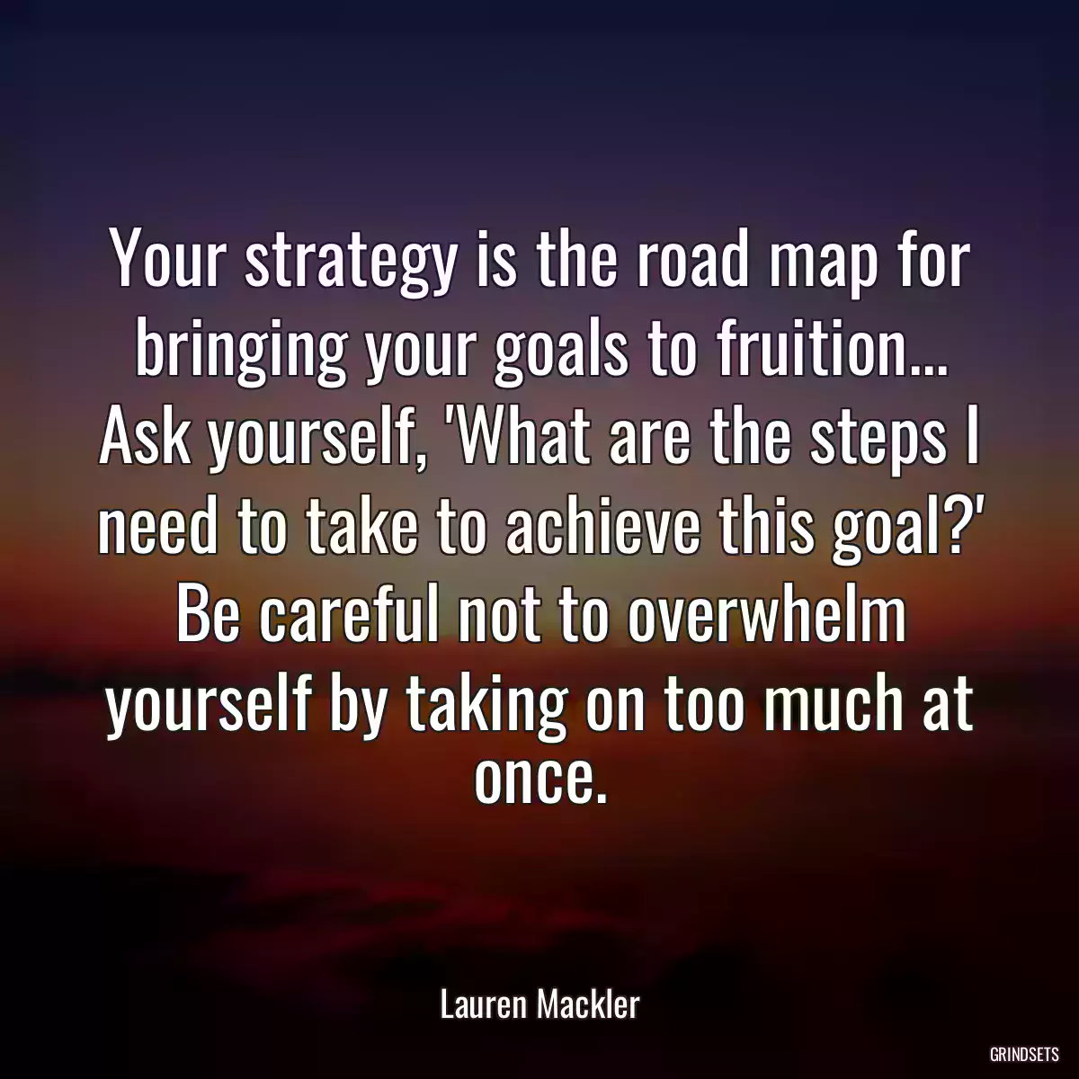 Your strategy is the road map for bringing your goals to fruition... Ask yourself, \'What are the steps I need to take to achieve this goal?\' Be careful not to overwhelm yourself by taking on too much at once.