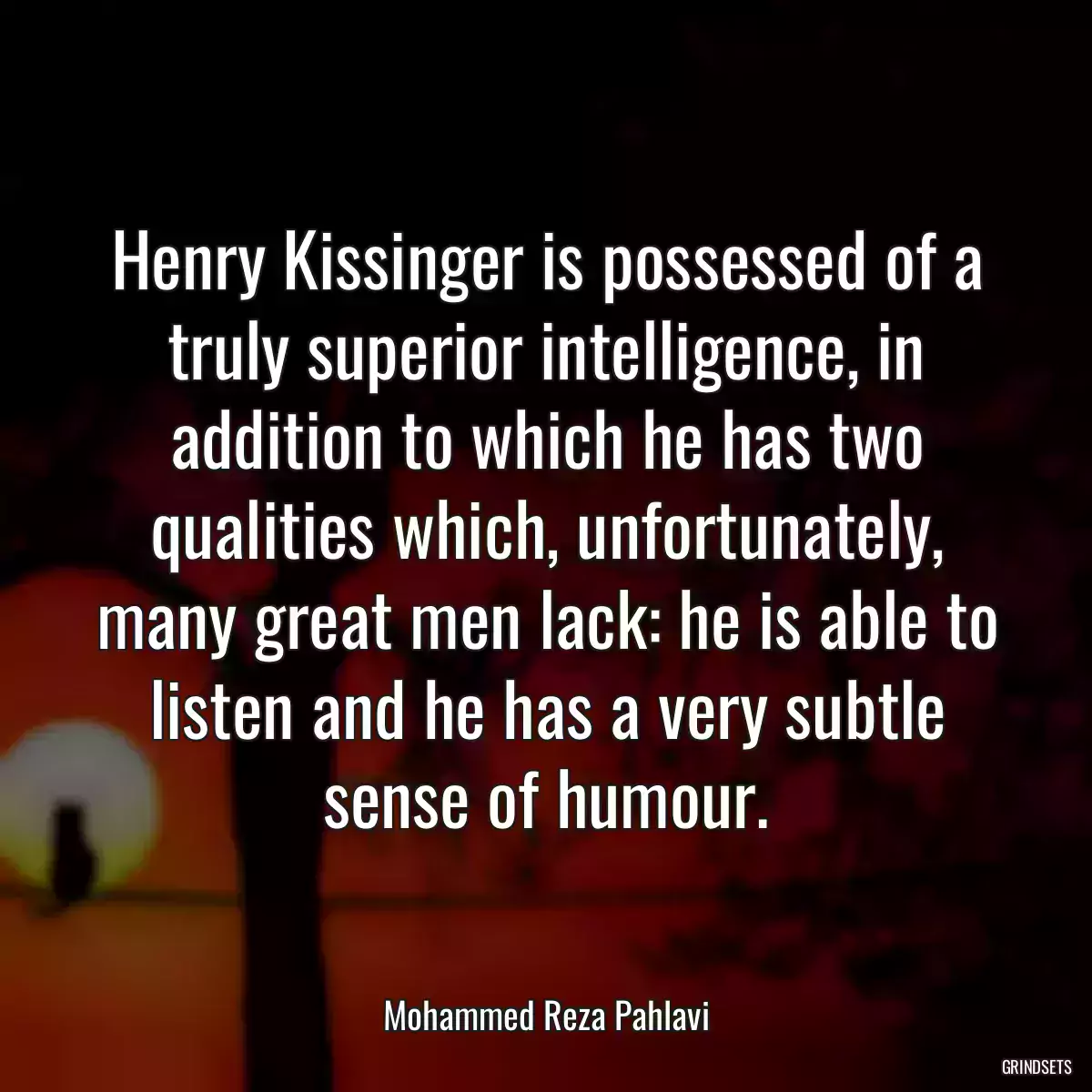 Henry Kissinger is possessed of a truly superior intelligence, in addition to which he has two qualities which, unfortunately, many great men lack: he is able to listen and he has a very subtle sense of humour.