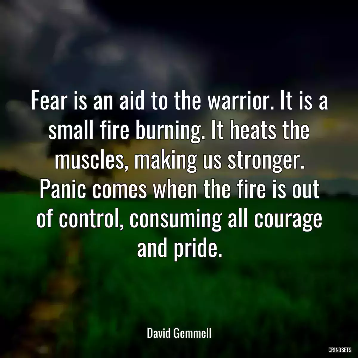 Fear is an aid to the warrior. It is a small fire burning. It heats the muscles, making us stronger. Panic comes when the fire is out of control, consuming all courage and pride.