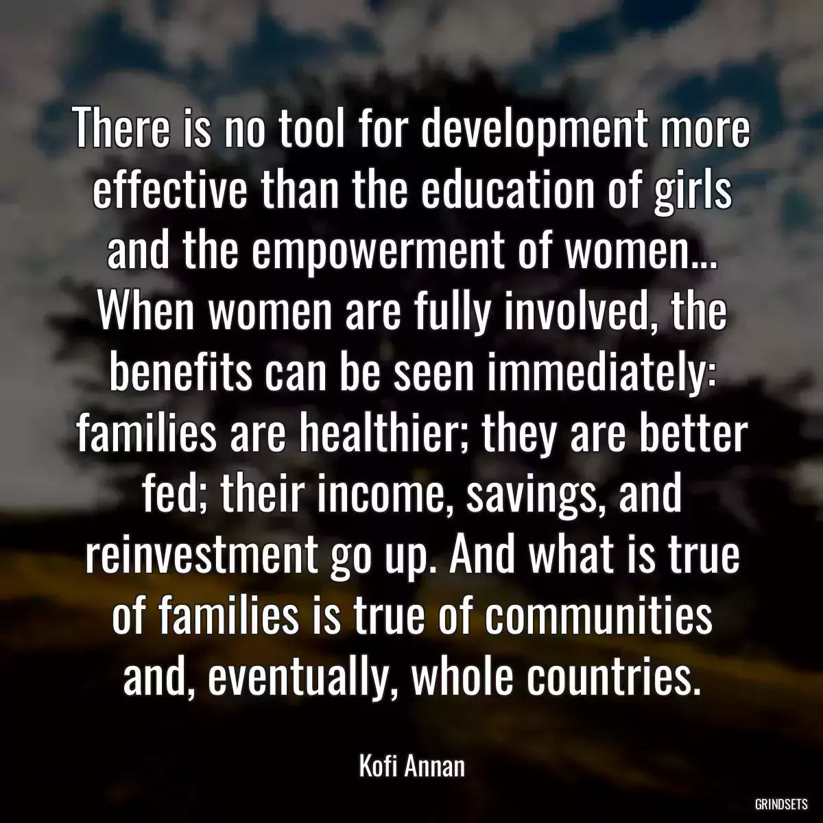 There is no tool for development more effective than the education of girls and the empowerment of women... When women are fully involved, the benefits can be seen immediately: families are healthier; they are better fed; their income, savings, and reinvestment go up. And what is true of families is true of communities and, eventually, whole countries.