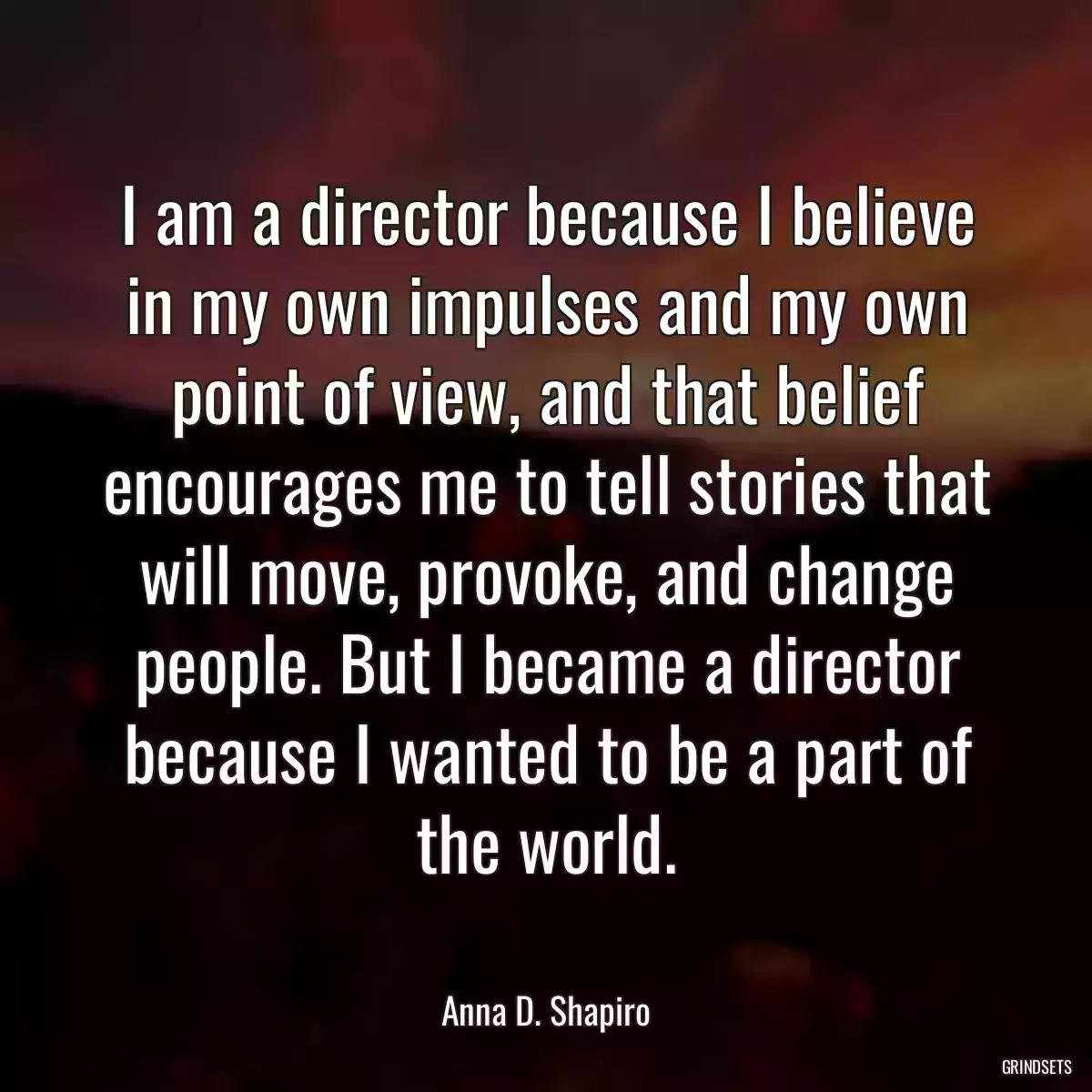 I am a director because I believe in my own impulses and my own point of view, and that belief encourages me to tell stories that will move, provoke, and change people. But I became a director because I wanted to be a part of the world.