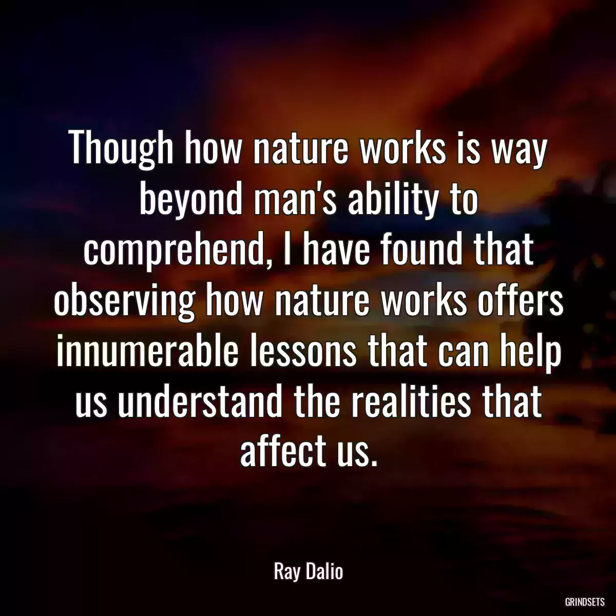 Though how nature works is way beyond man\'s ability to comprehend, I have found that observing how nature works offers innumerable lessons that can help us understand the realities that affect us.