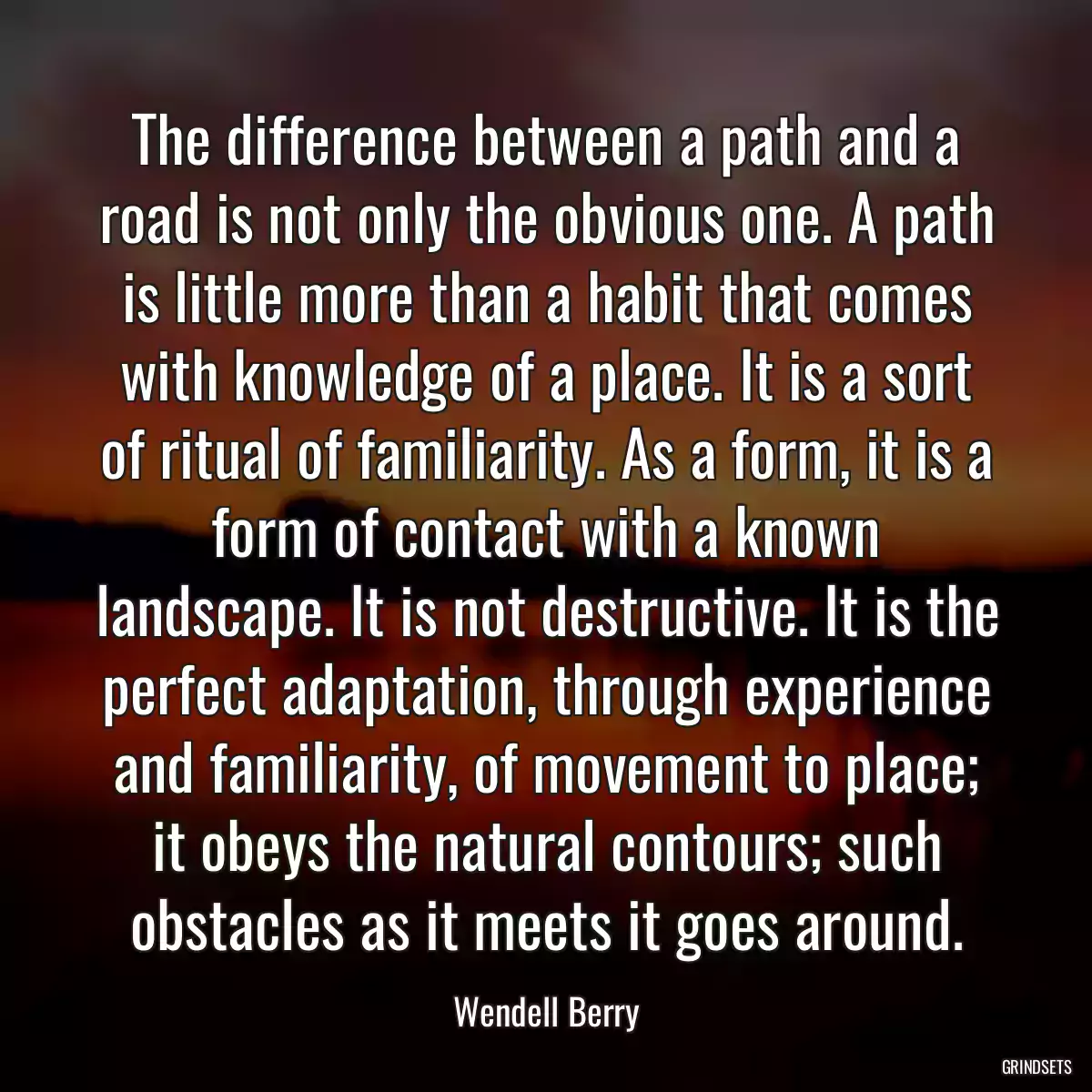 The difference between a path and a road is not only the obvious one. A path is little more than a habit that comes with knowledge of a place. It is a sort of ritual of familiarity. As a form, it is a form of contact with a known landscape. It is not destructive. It is the perfect adaptation, through experience and familiarity, of movement to place; it obeys the natural contours; such obstacles as it meets it goes around.