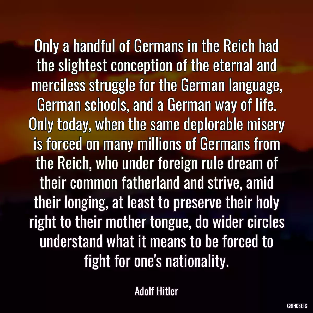 Only a handful of Germans in the Reich had the slightest conception of the eternal and merciless struggle for the German language, German schools, and a German way of life. Only today, when the same deplorable misery is forced on many millions of Germans from the Reich, who under foreign rule dream of their common fatherland and strive, amid their longing, at least to preserve their holy right to their mother tongue, do wider circles understand what it means to be forced to fight for one\'s nationality.