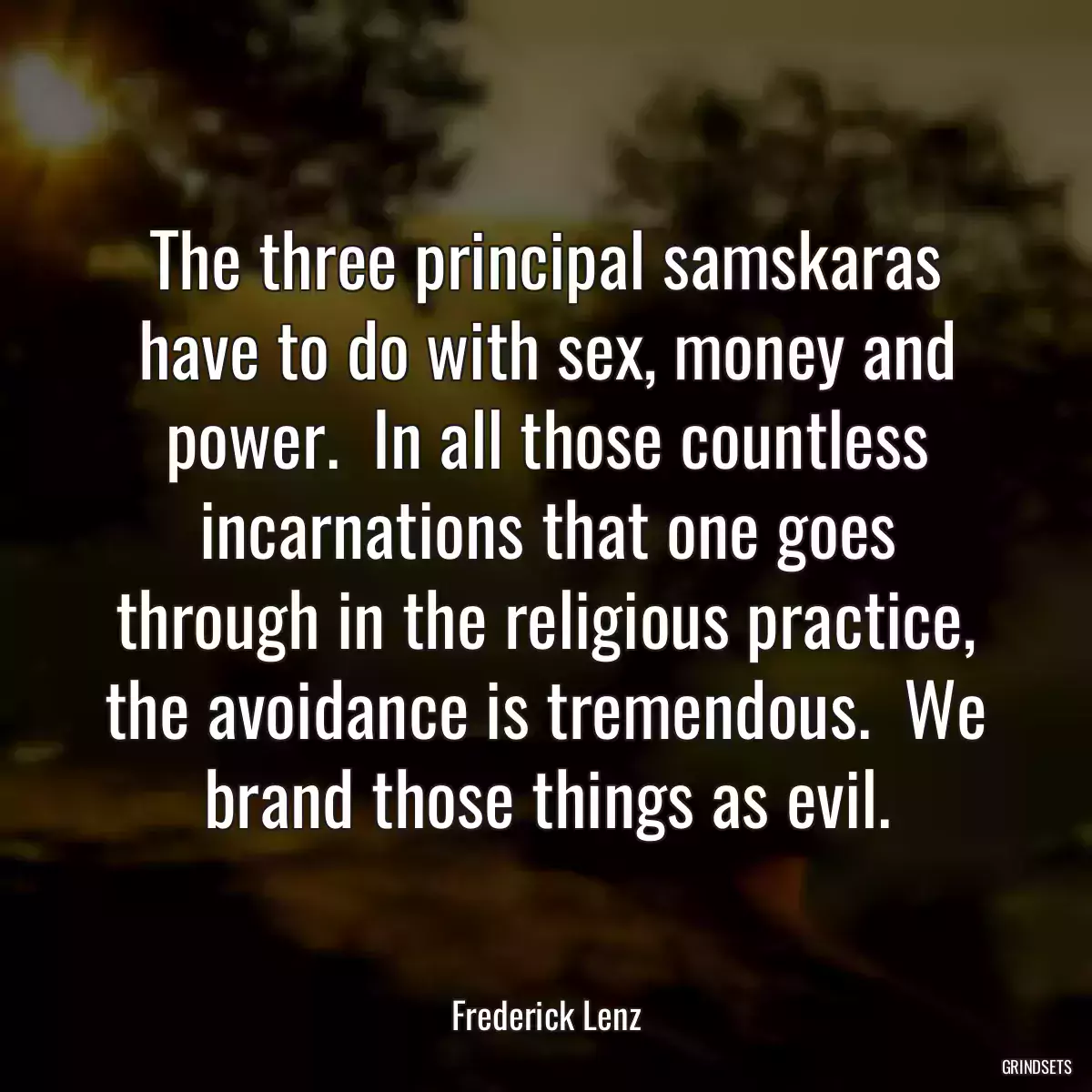 The three principal samskaras have to do with sex, money and power.  In all those countless incarnations that one goes through in the religious practice, the avoidance is tremendous.  We brand those things as evil.