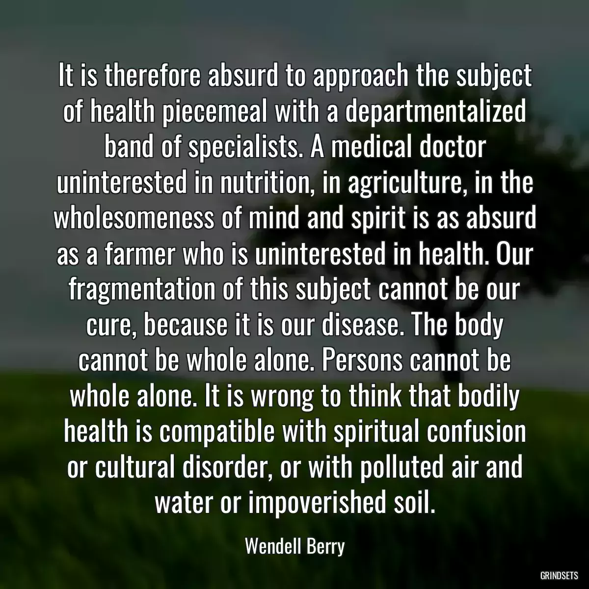 It is therefore absurd to approach the subject of health piecemeal with a departmentalized band of specialists. A medical doctor uninterested in nutrition, in agriculture, in the wholesomeness of mind and spirit is as absurd as a farmer who is uninterested in health. Our fragmentation of this subject cannot be our cure, because it is our disease. The body cannot be whole alone. Persons cannot be whole alone. It is wrong to think that bodily health is compatible with spiritual confusion or cultural disorder, or with polluted air and water or impoverished soil.