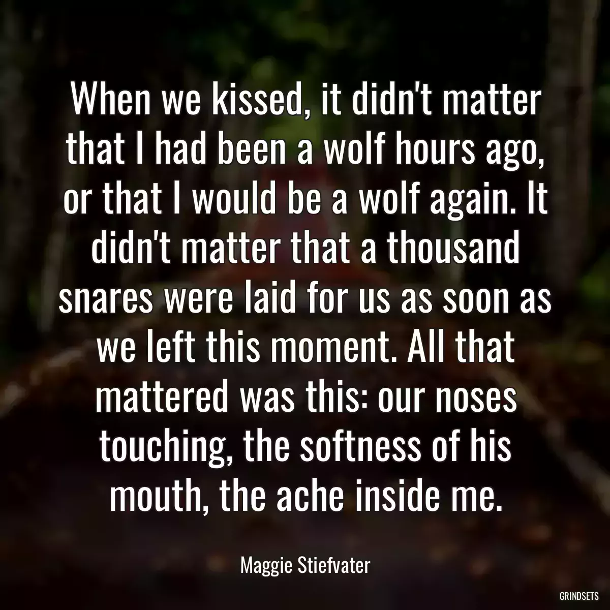 When we kissed, it didn\'t matter that I had been a wolf hours ago, or that I would be a wolf again. It didn\'t matter that a thousand snares were laid for us as soon as we left this moment. All that mattered was this: our noses touching, the softness of his mouth, the ache inside me.