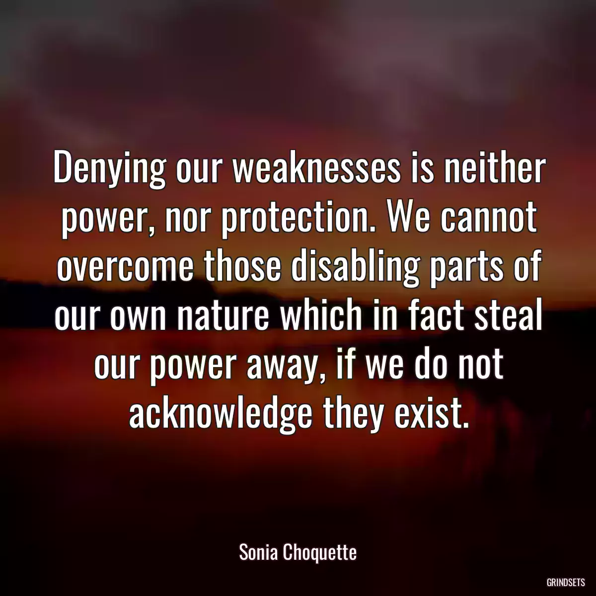 Denying our weaknesses is neither power, nor protection. We cannot overcome those disabling parts of our own nature which in fact steal our power away, if we do not acknowledge they exist.