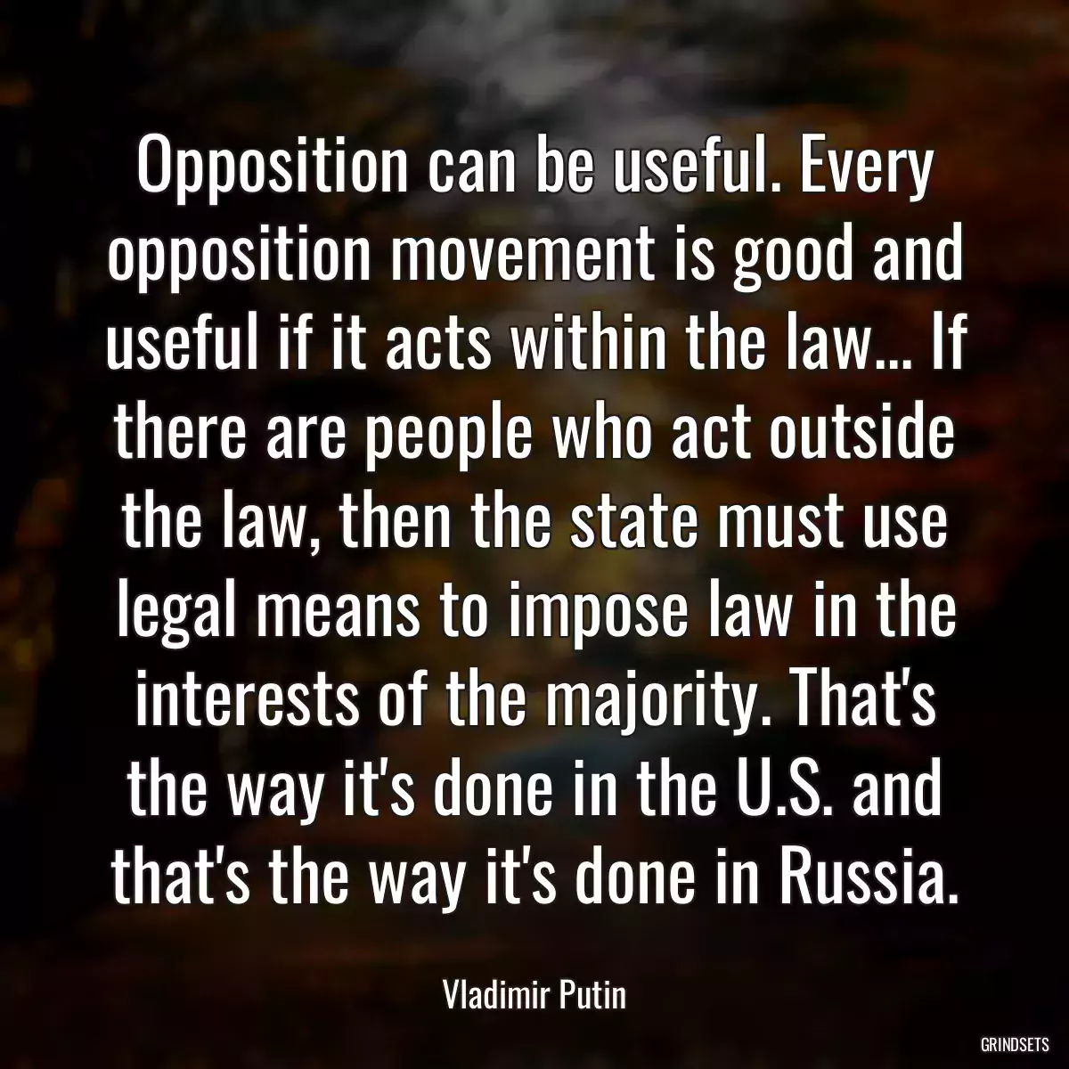 Opposition can be useful. Every opposition movement is good and useful if it acts within the law... If there are people who act outside the law, then the state must use legal means to impose law in the interests of the majority. That\'s the way it\'s done in the U.S. and that\'s the way it\'s done in Russia.