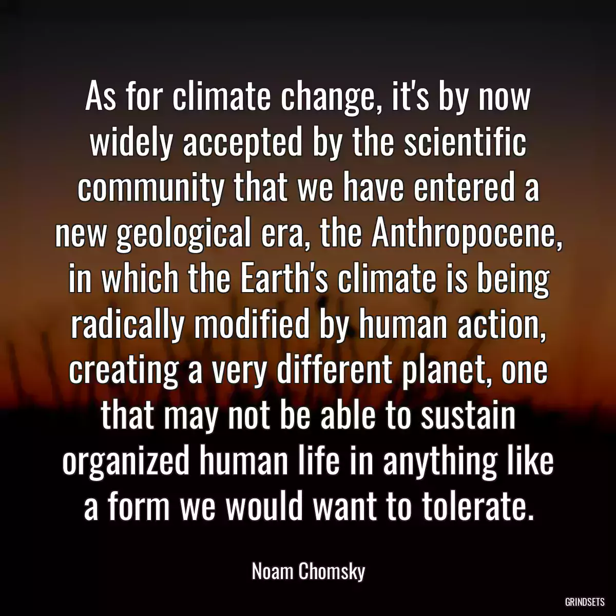 As for climate change, it\'s by now widely accepted by the scientific community that we have entered a new geological era, the Anthropocene, in which the Earth\'s climate is being radically modified by human action, creating a very different planet, one that may not be able to sustain organized human life in anything like a form we would want to tolerate.