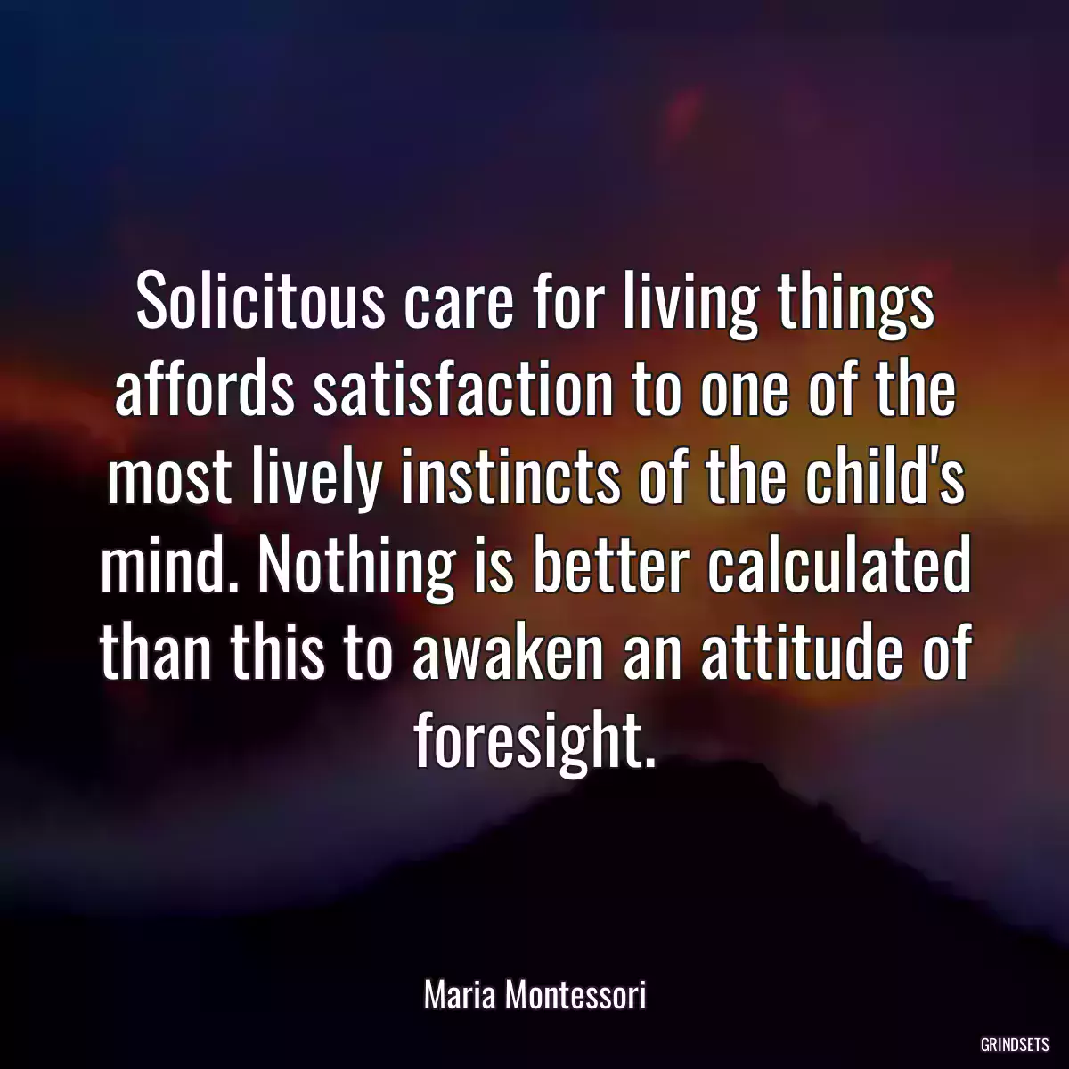 Solicitous care for living things affords satisfaction to one of the most lively instincts of the child\'s mind. Nothing is better calculated than this to awaken an attitude of foresight.