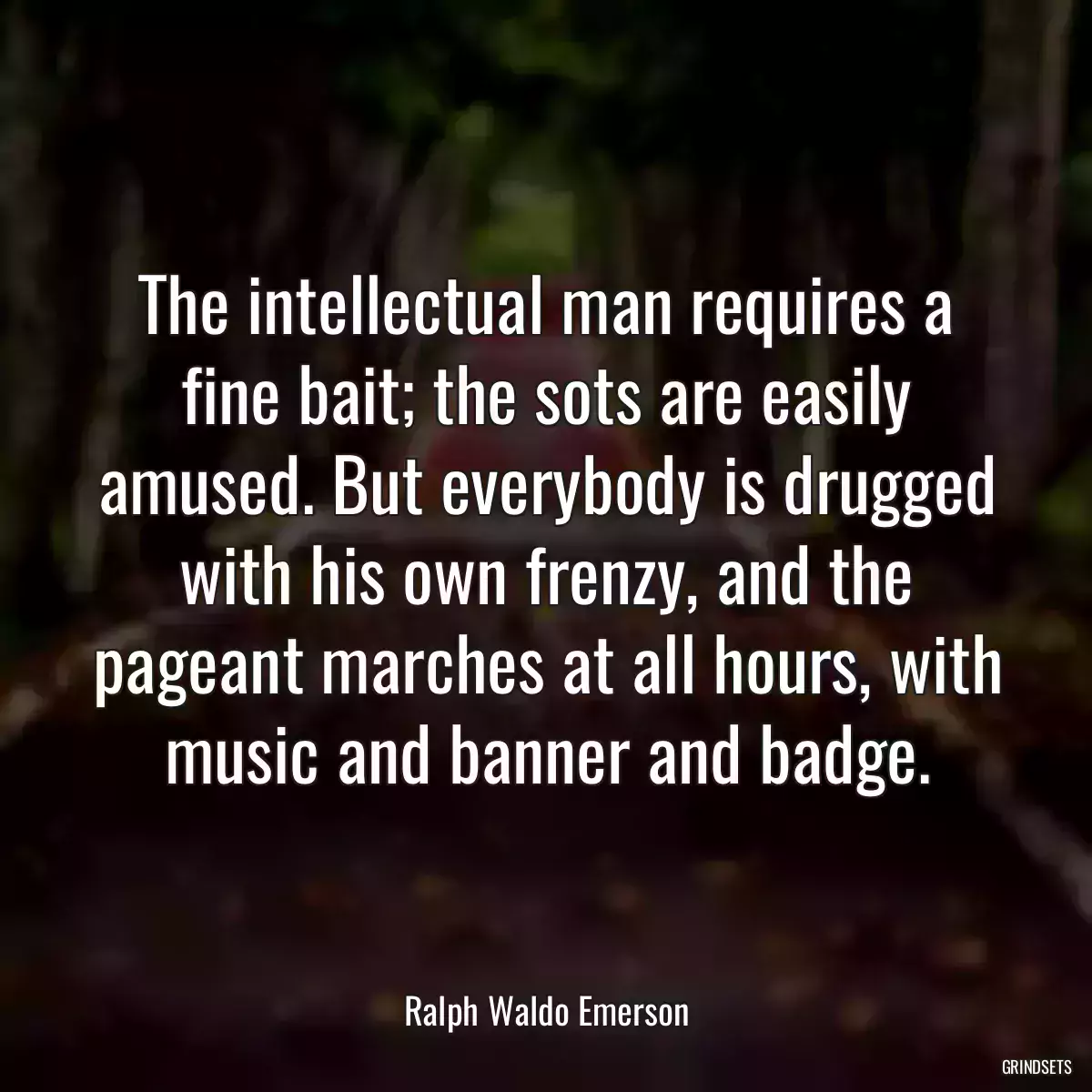 The intellectual man requires a fine bait; the sots are easily amused. But everybody is drugged with his own frenzy, and the pageant marches at all hours, with music and banner and badge.