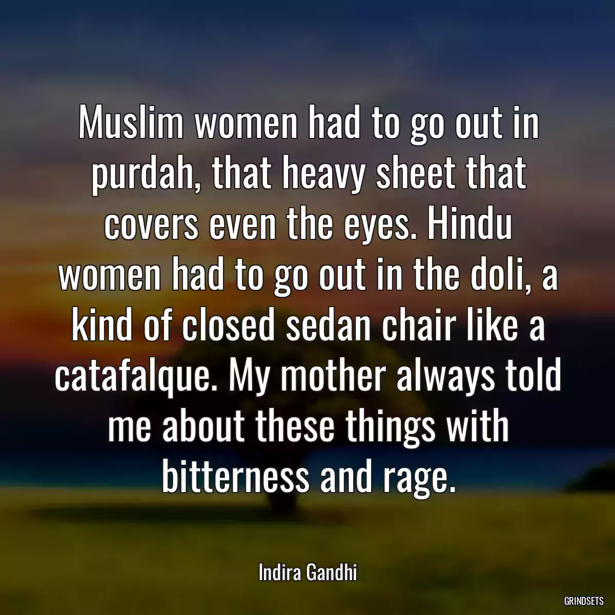 Muslim women had to go out in purdah, that heavy sheet that covers even the eyes. Hindu women had to go out in the doli, a kind of closed sedan chair like a catafalque. My mother always told me about these things with bitterness and rage.