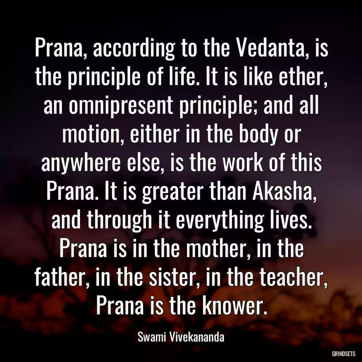 Prana, according to the Vedanta, is the principle of life. It is like ether, an omnipresent principle; and all motion, either in the body or anywhere else, is the work of this Prana. It is greater than Akasha, and through it everything lives. Prana is in the mother, in the father, in the sister, in the teacher, Prana is the knower.