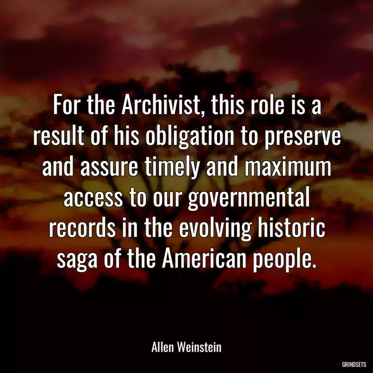 For the Archivist, this role is a result of his obligation to preserve and assure timely and maximum access to our governmental records in the evolving historic saga of the American people.