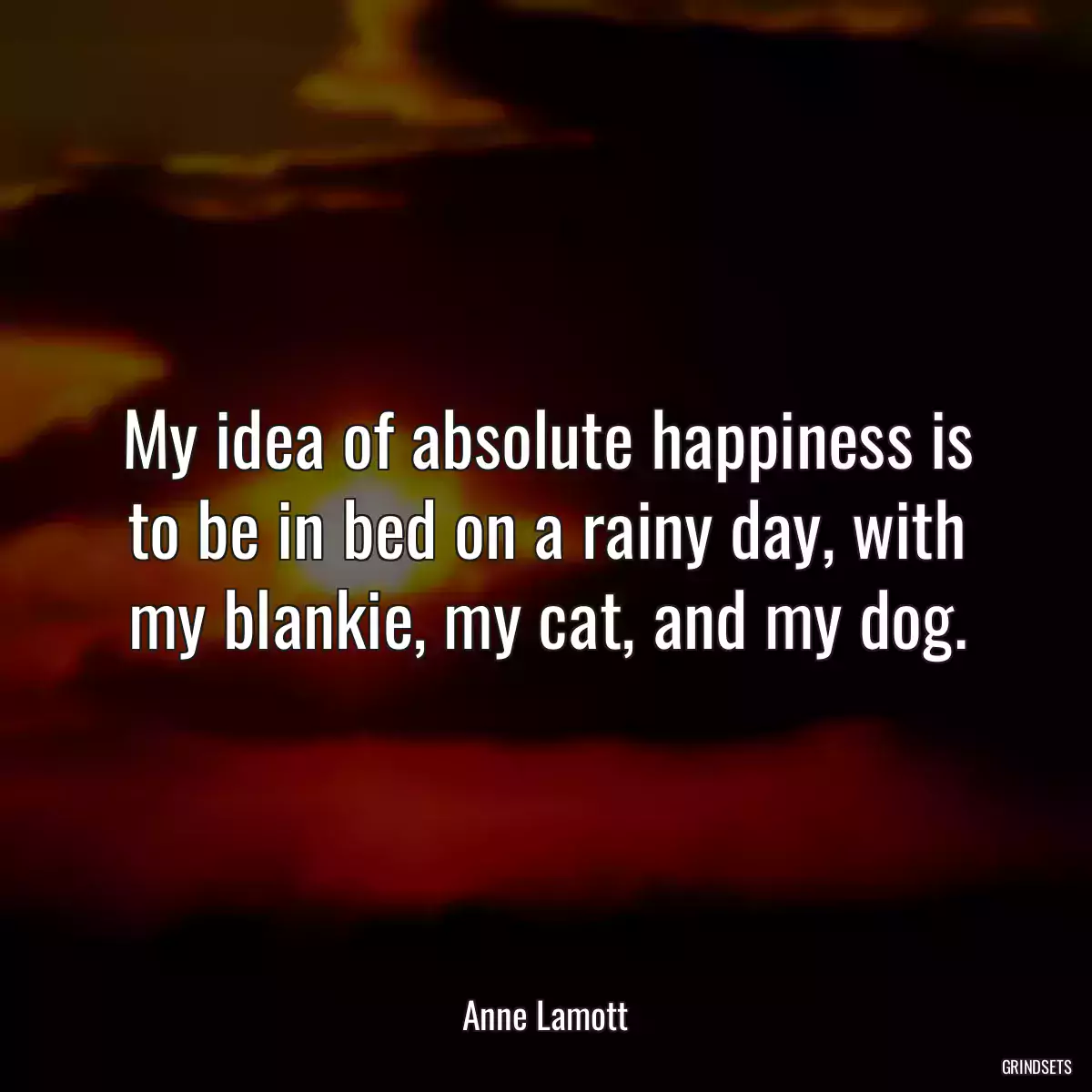 My idea of absolute happiness is to be in bed on a rainy day, with my blankie, my cat, and my dog.