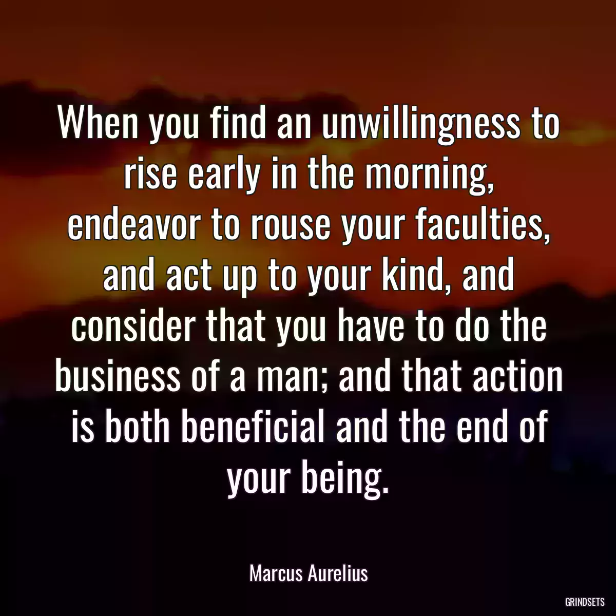 When you find an unwillingness to rise early in the morning, endeavor to rouse your faculties, and act up to your kind, and consider that you have to do the business of a man; and that action is both beneficial and the end of your being.