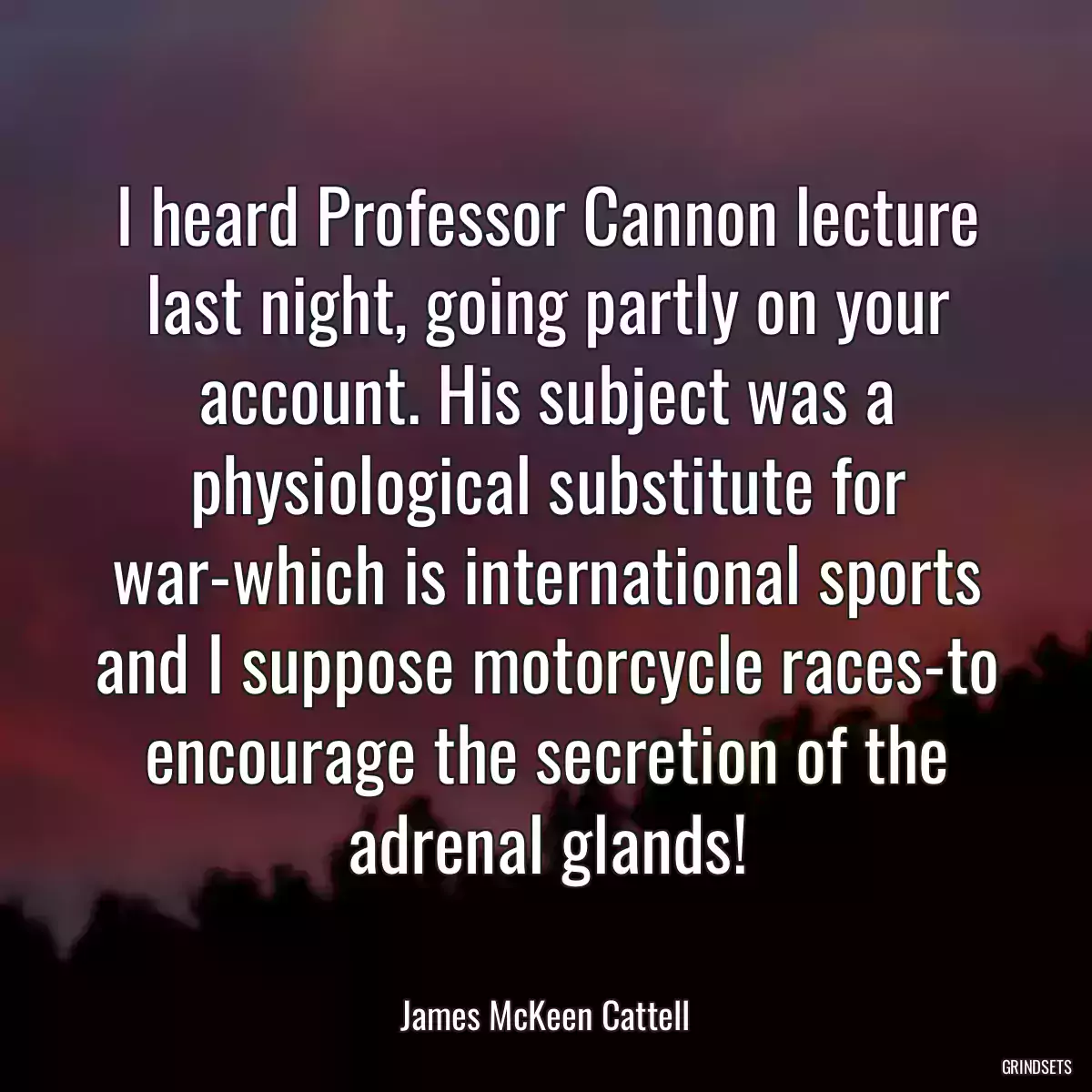 I heard Professor Cannon lecture last night, going partly on your account. His subject was a physiological substitute for war-which is international sports and I suppose motorcycle races-to encourage the secretion of the adrenal glands!