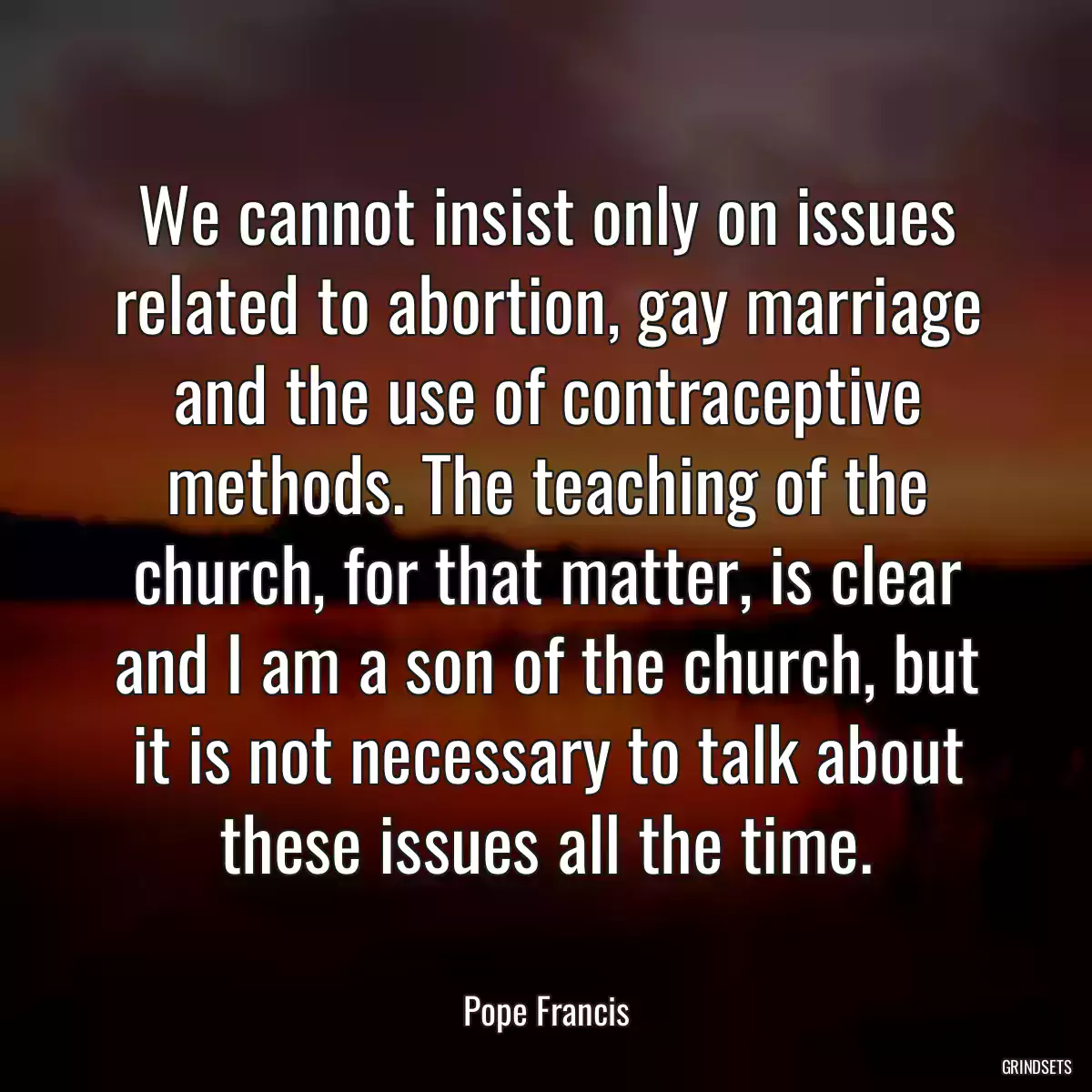 We cannot insist only on issues related to abortion, gay marriage and the use of contraceptive methods. The teaching of the church, for that matter, is clear and I am a son of the church, but it is not necessary to talk about these issues all the time.