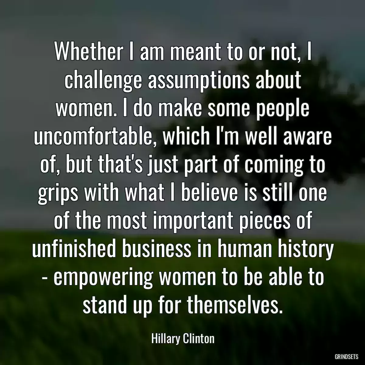 Whether I am meant to or not, I challenge assumptions about women. I do make some people uncomfortable, which I\'m well aware of, but that\'s just part of coming to grips with what I believe is still one of the most important pieces of unfinished business in human history - empowering women to be able to stand up for themselves.