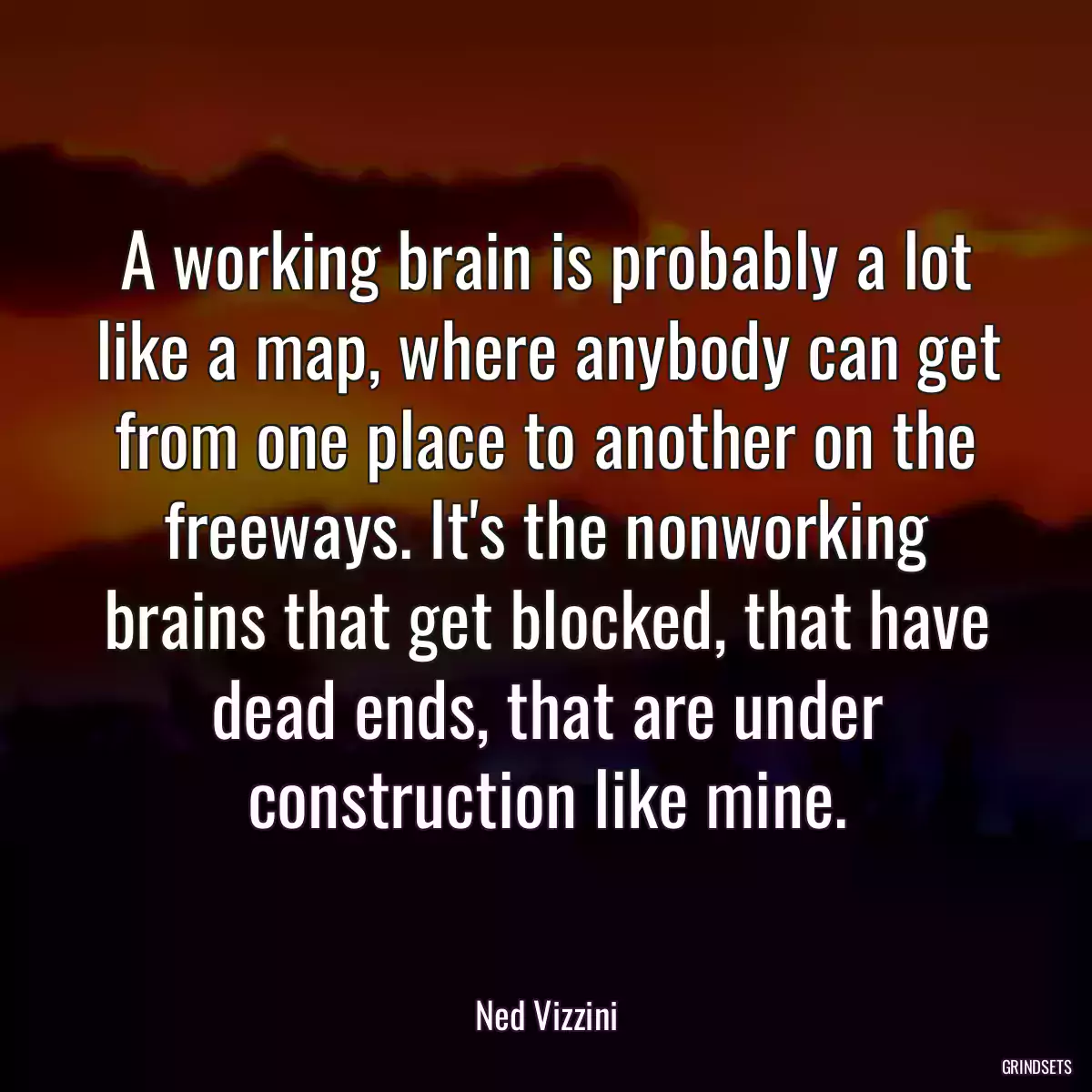 A working brain is probably a lot like a map, where anybody can get from one place to another on the freeways. It\'s the nonworking brains that get blocked, that have dead ends, that are under construction like mine.