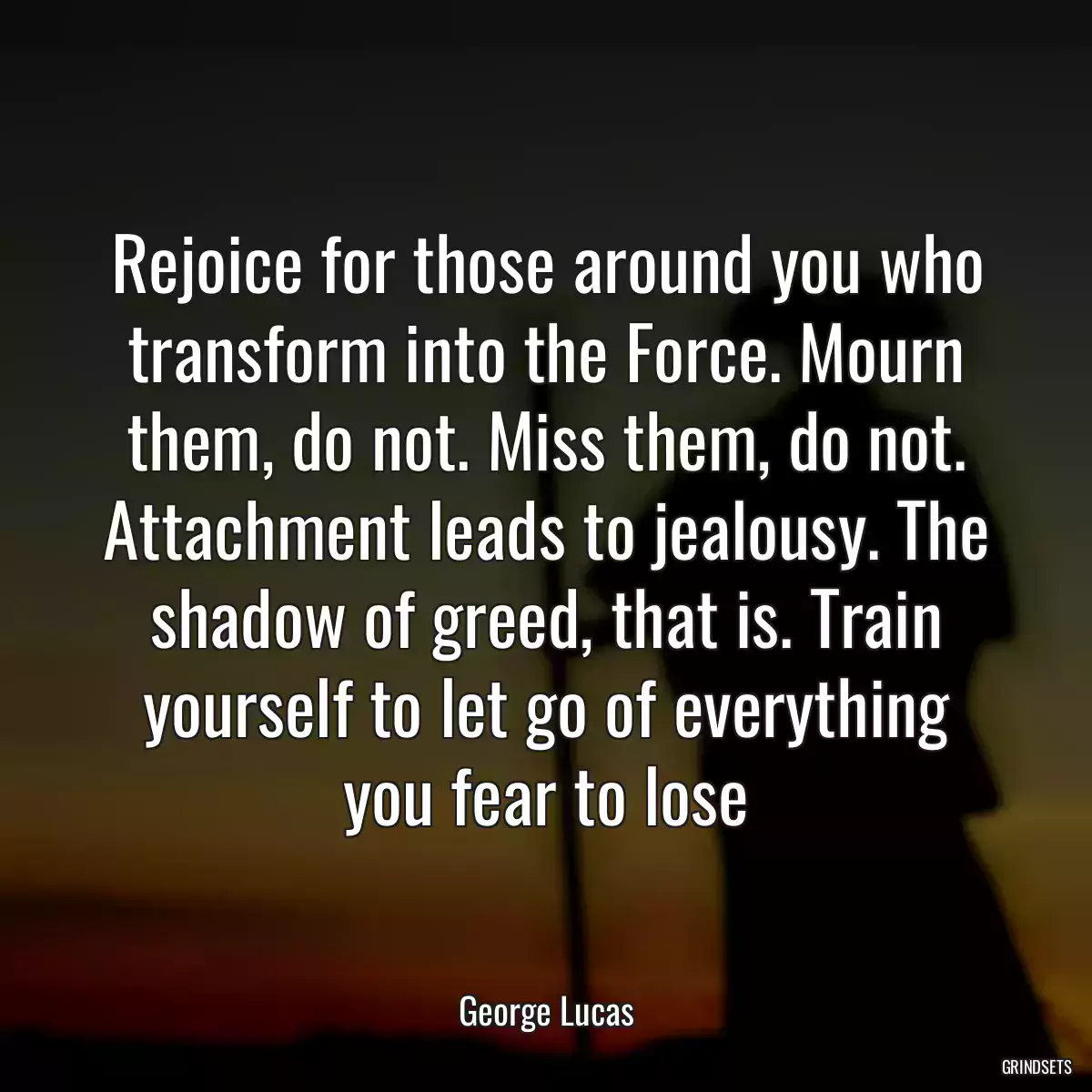 Rejoice for those around you who transform into the Force. Mourn them, do not. Miss them, do not. Attachment leads to jealousy. The shadow of greed, that is. Train yourself to let go of everything you fear to lose