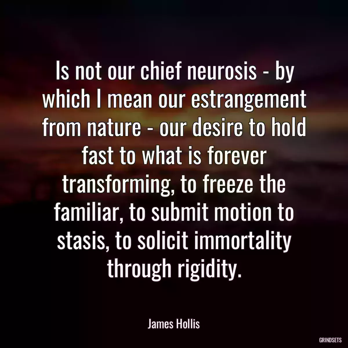 Is not our chief neurosis - by which I mean our estrangement from nature - our desire to hold fast to what is forever transforming, to freeze the familiar, to submit motion to stasis, to solicit immortality through rigidity.