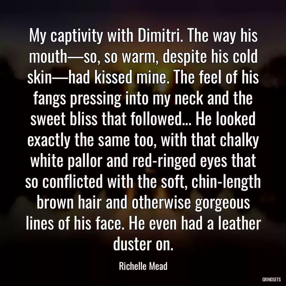 My captivity with Dimitri. The way his mouth—so, so warm, despite his cold skin—had kissed mine. The feel of his fangs pressing into my neck and the sweet bliss that followed... He looked exactly the same too, with that chalky white pallor and red-ringed eyes that so conflicted with the soft, chin-length brown hair and otherwise gorgeous lines of his face. He even had a leather duster on.