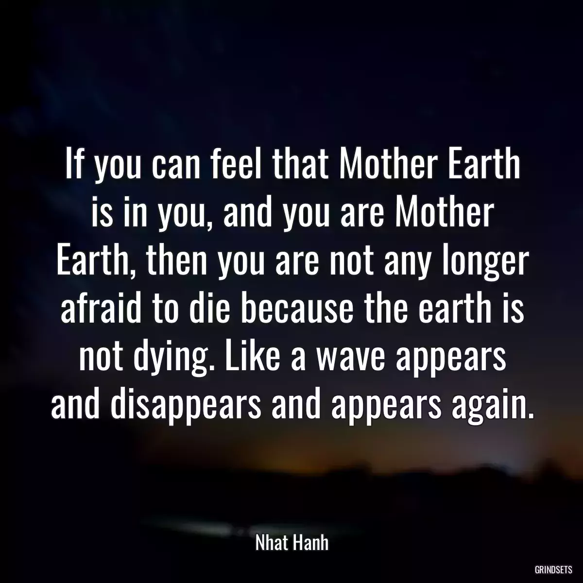 If you can feel that Mother Earth is in you, and you are Mother Earth, then you are not any longer afraid to die because the earth is not dying. Like a wave appears and disappears and appears again.