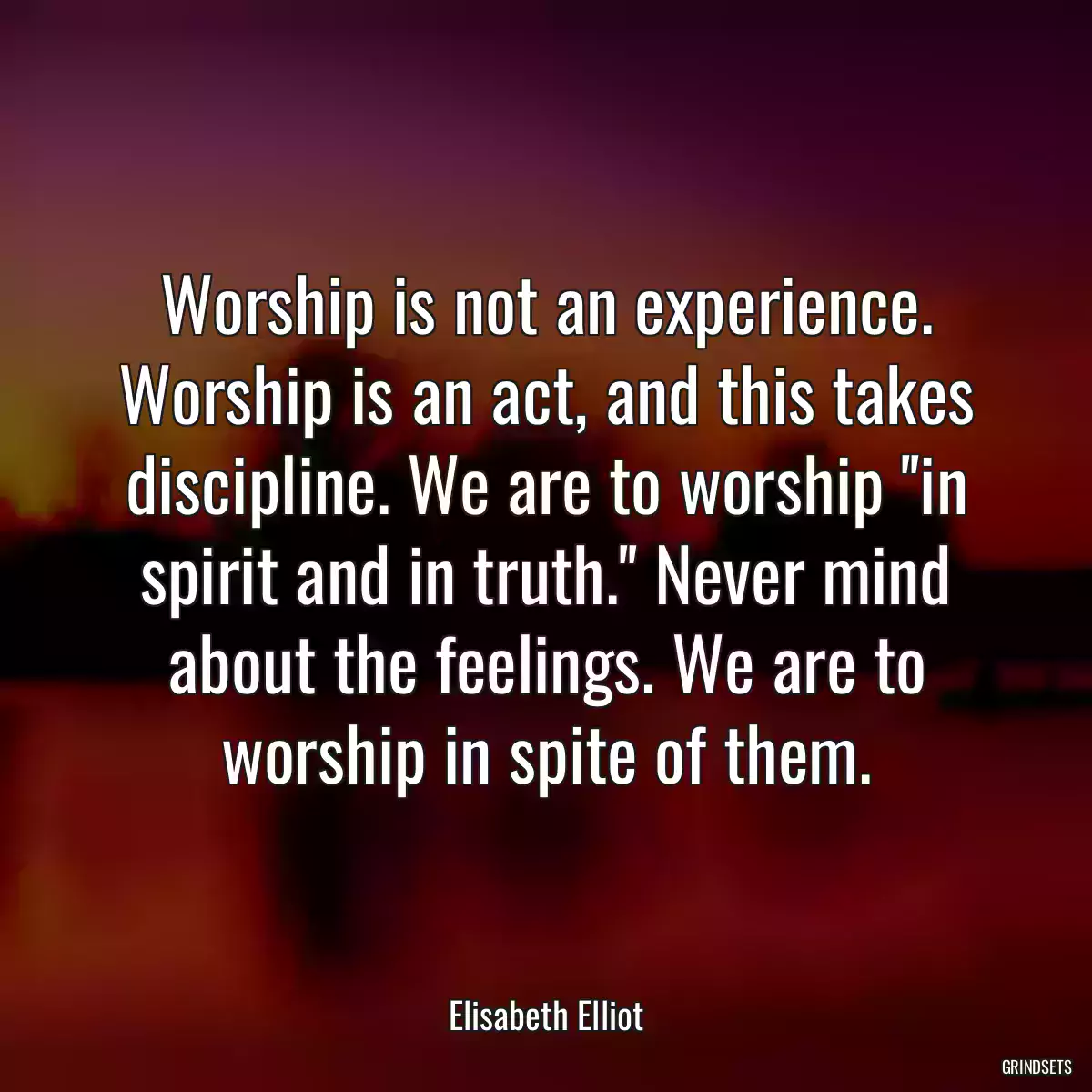 Worship is not an experience. Worship is an act, and this takes discipline. We are to worship \'\'in spirit and in truth.\'\' Never mind about the feelings. We are to worship in spite of them.