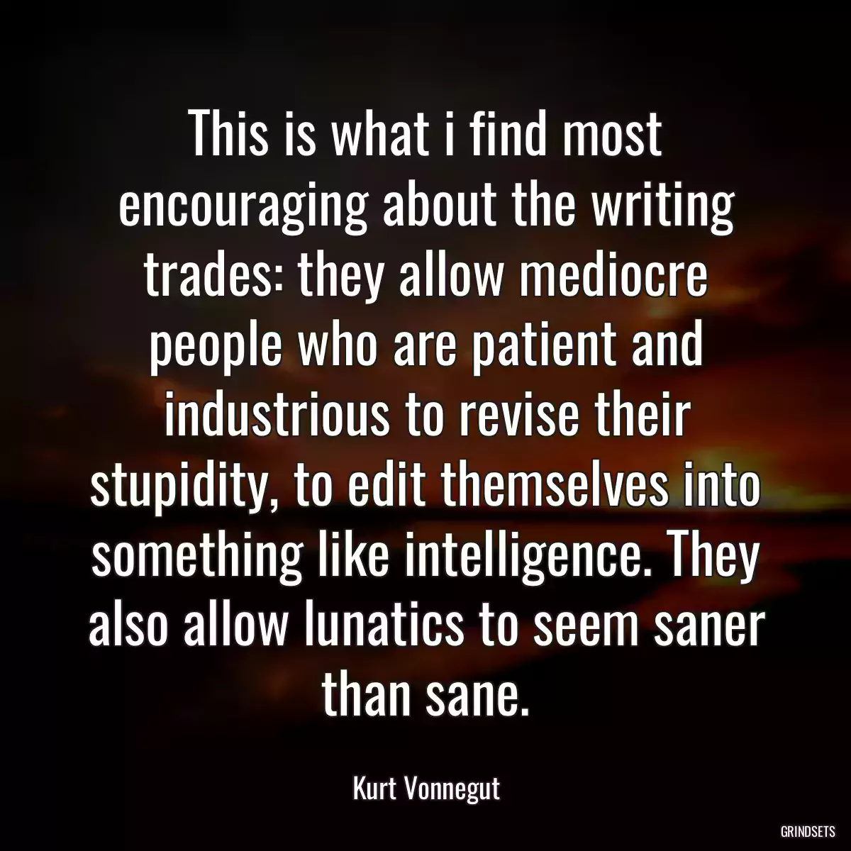 This is what i find most encouraging about the writing trades: they allow mediocre people who are patient and industrious to revise their stupidity, to edit themselves into something like intelligence. They also allow lunatics to seem saner than sane.