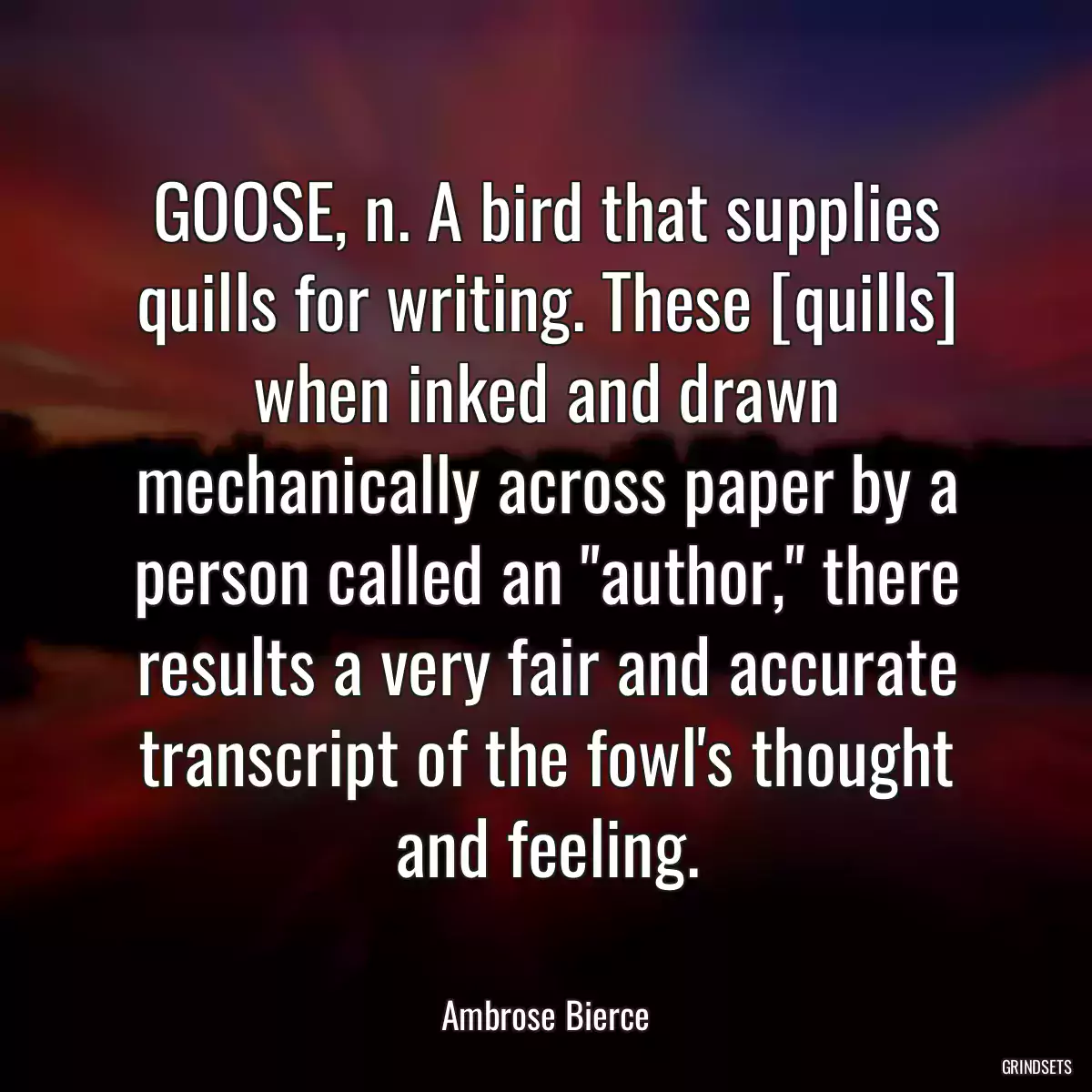 GOOSE, n. A bird that supplies quills for writing. These [quills] when inked and drawn mechanically across paper by a person called an \