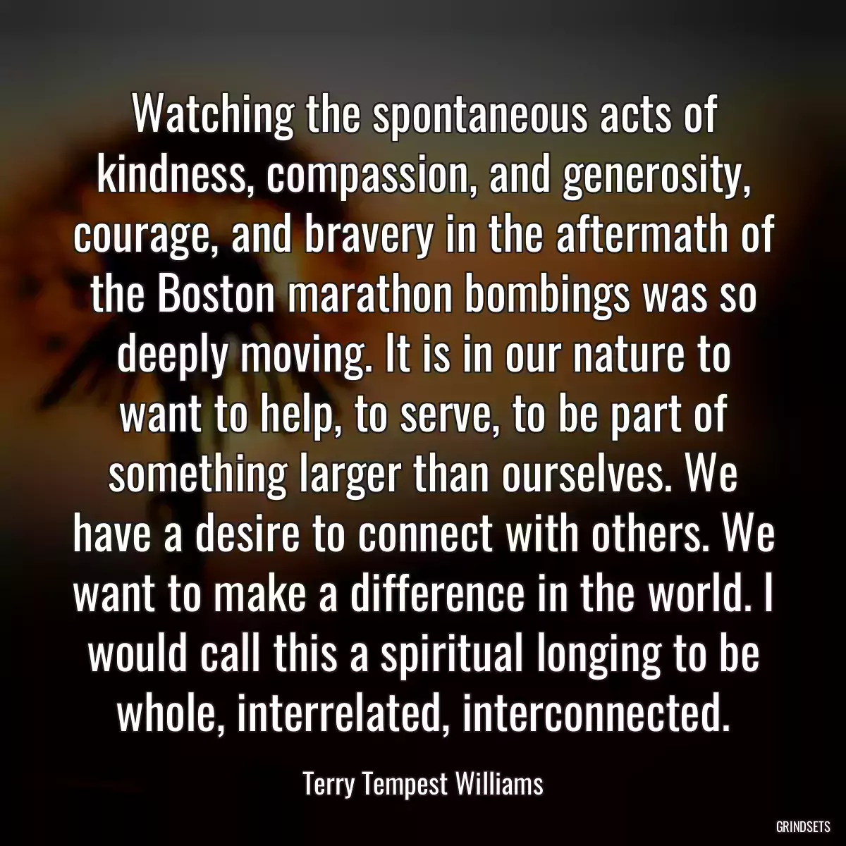 Watching the spontaneous acts of kindness, compassion, and generosity, courage, and bravery in the aftermath of the Boston marathon bombings was so deeply moving. It is in our nature to want to help, to serve, to be part of something larger than ourselves. We have a desire to connect with others. We want to make a difference in the world. I would call this a spiritual longing to be whole, interrelated, interconnected.