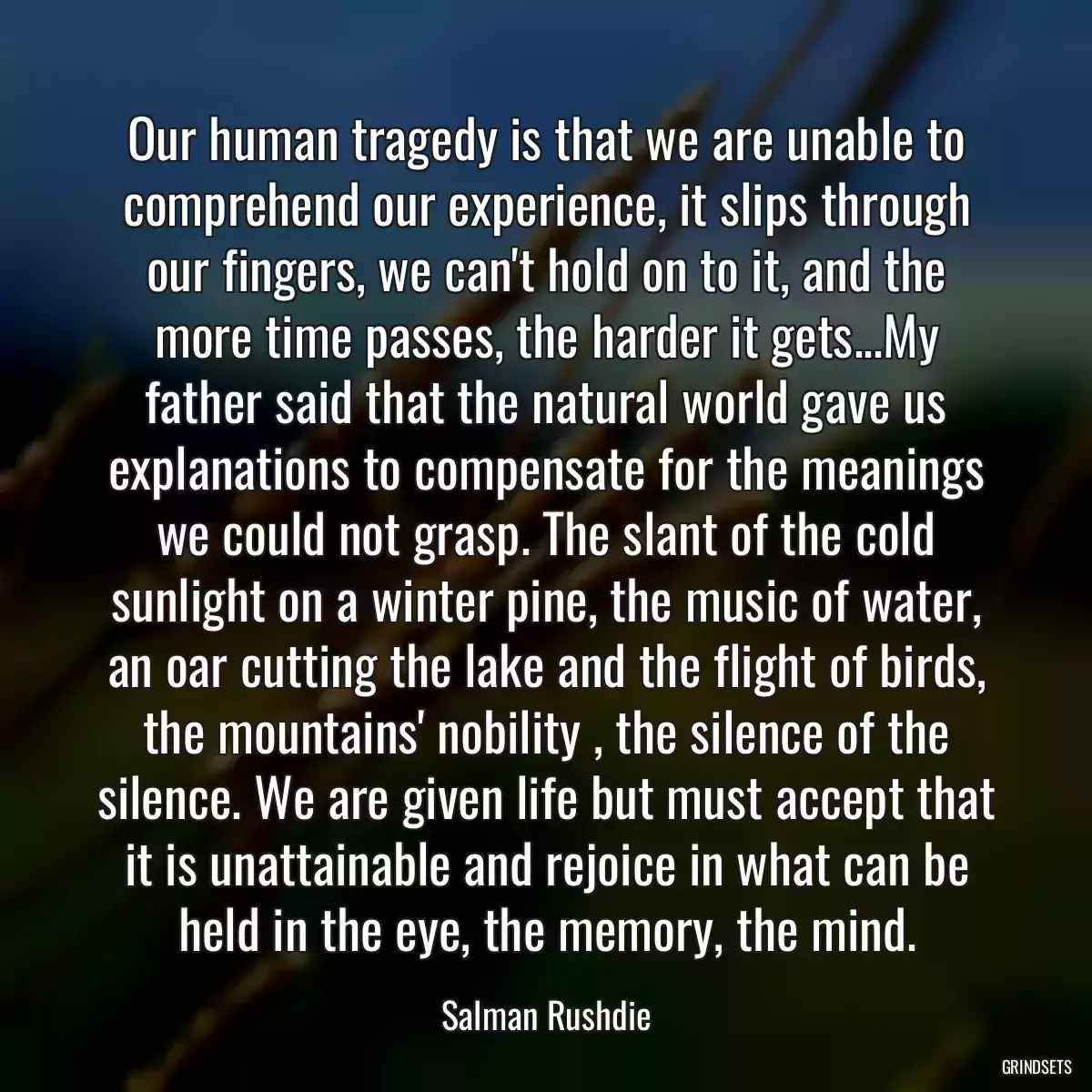 Our human tragedy is that we are unable to comprehend our experience, it slips through our fingers, we can\'t hold on to it, and the more time passes, the harder it gets...My father said that the natural world gave us explanations to compensate for the meanings we could not grasp. The slant of the cold sunlight on a winter pine, the music of water, an oar cutting the lake and the flight of birds, the mountains\' nobility , the silence of the silence. We are given life but must accept that it is unattainable and rejoice in what can be held in the eye, the memory, the mind.