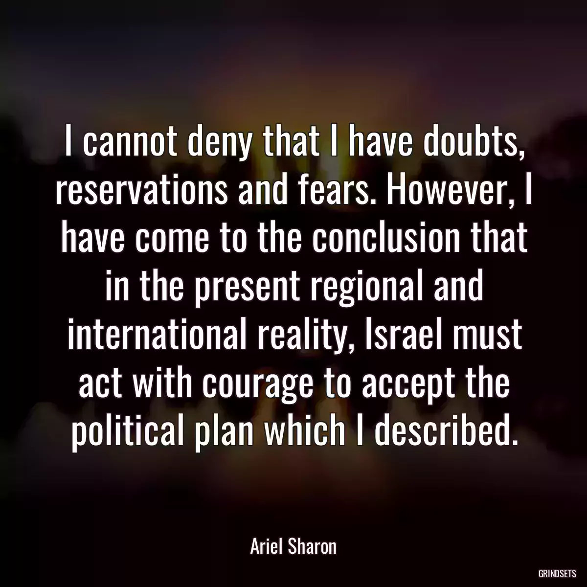 I cannot deny that I have doubts, reservations and fears. However, I have come to the conclusion that in the present regional and international reality, Israel must act with courage to accept the political plan which I described.