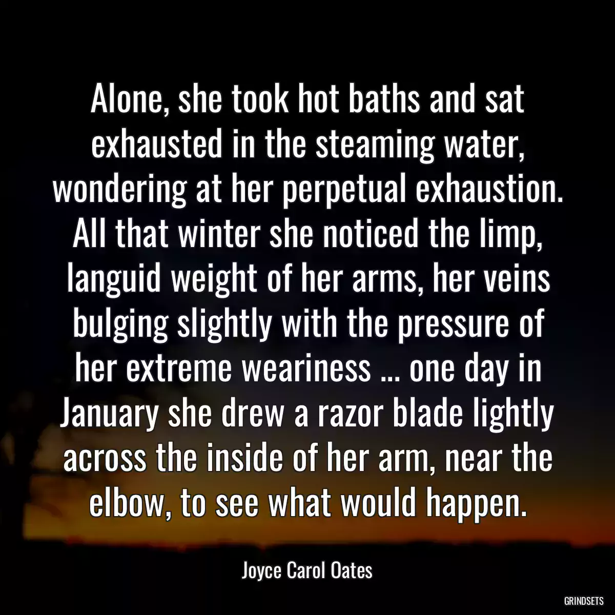 Alone, she took hot baths and sat exhausted in the steaming water, wondering at her perpetual exhaustion. All that winter she noticed the limp, languid weight of her arms, her veins bulging slightly with the pressure of her extreme weariness ... one day in January she drew a razor blade lightly across the inside of her arm, near the elbow, to see what would happen.