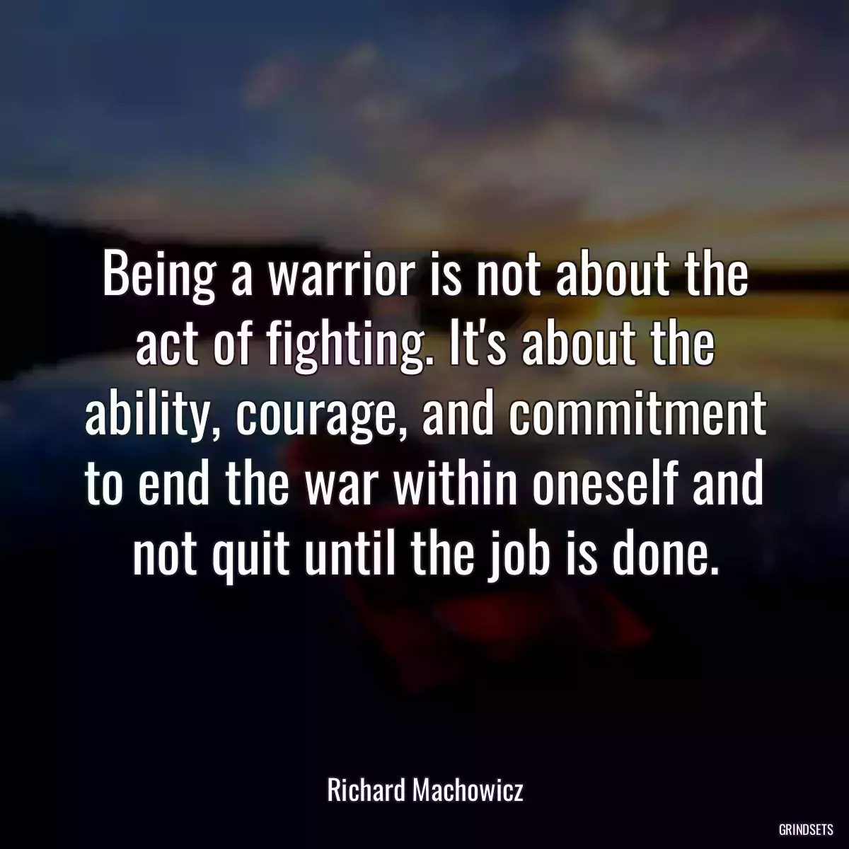 Being a warrior is not about the act of fighting. It\'s about the ability, courage, and commitment to end the war within oneself and not quit until the job is done.