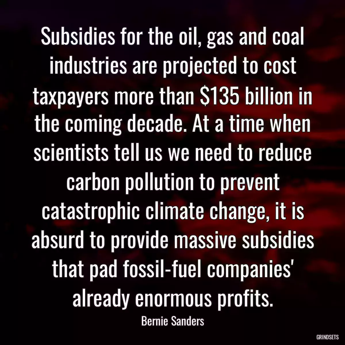 Subsidies for the oil, gas and coal industries are projected to cost taxpayers more than $135 billion in the coming decade. At a time when scientists tell us we need to reduce carbon pollution to prevent catastrophic climate change, it is absurd to provide massive subsidies that pad fossil-fuel companies\' already enormous profits.