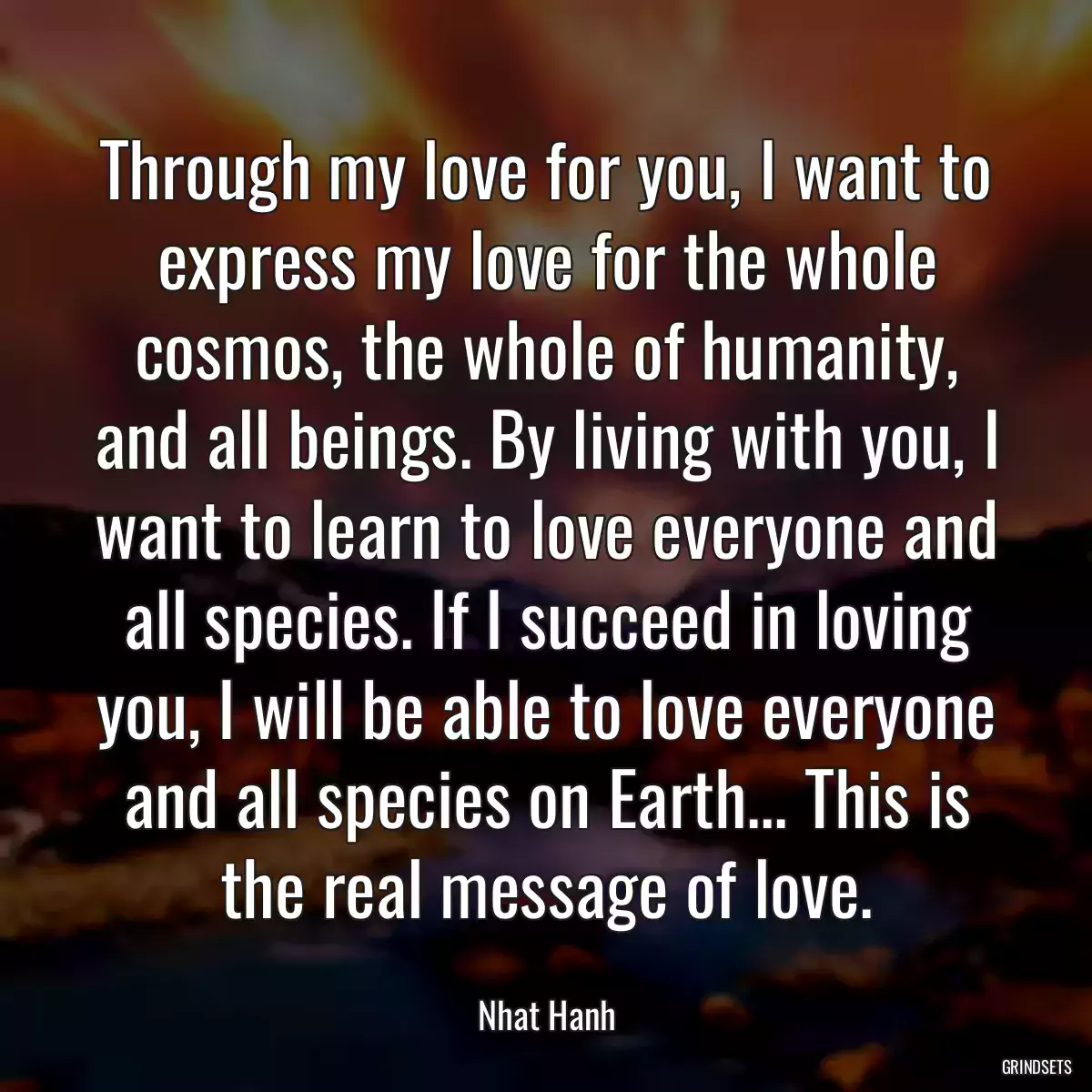 Through my love for you, I want to express my love for the whole cosmos, the whole of humanity, and all beings. By living with you, I want to learn to love everyone and all species. If I succeed in loving you, I will be able to love everyone and all species on Earth... This is the real message of love.