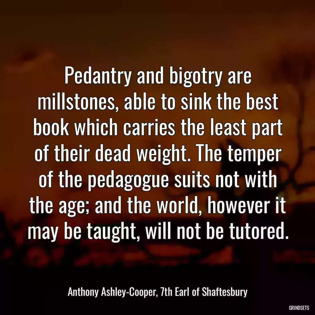 Pedantry and bigotry are millstones, able to sink the best book which carries the least part of their dead weight. The temper of the pedagogue suits not with the age; and the world, however it may be taught, will not be tutored.