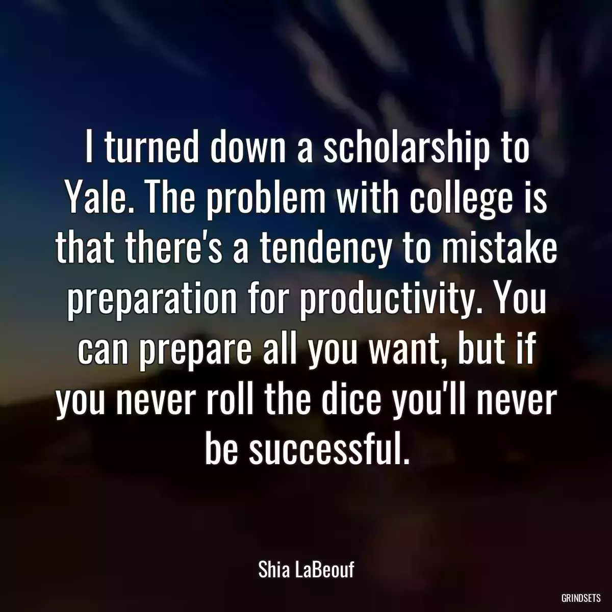 I turned down a scholarship to Yale. The problem with college is that there\'s a tendency to mistake preparation for productivity. You can prepare all you want, but if you never roll the dice you\'ll never be successful.