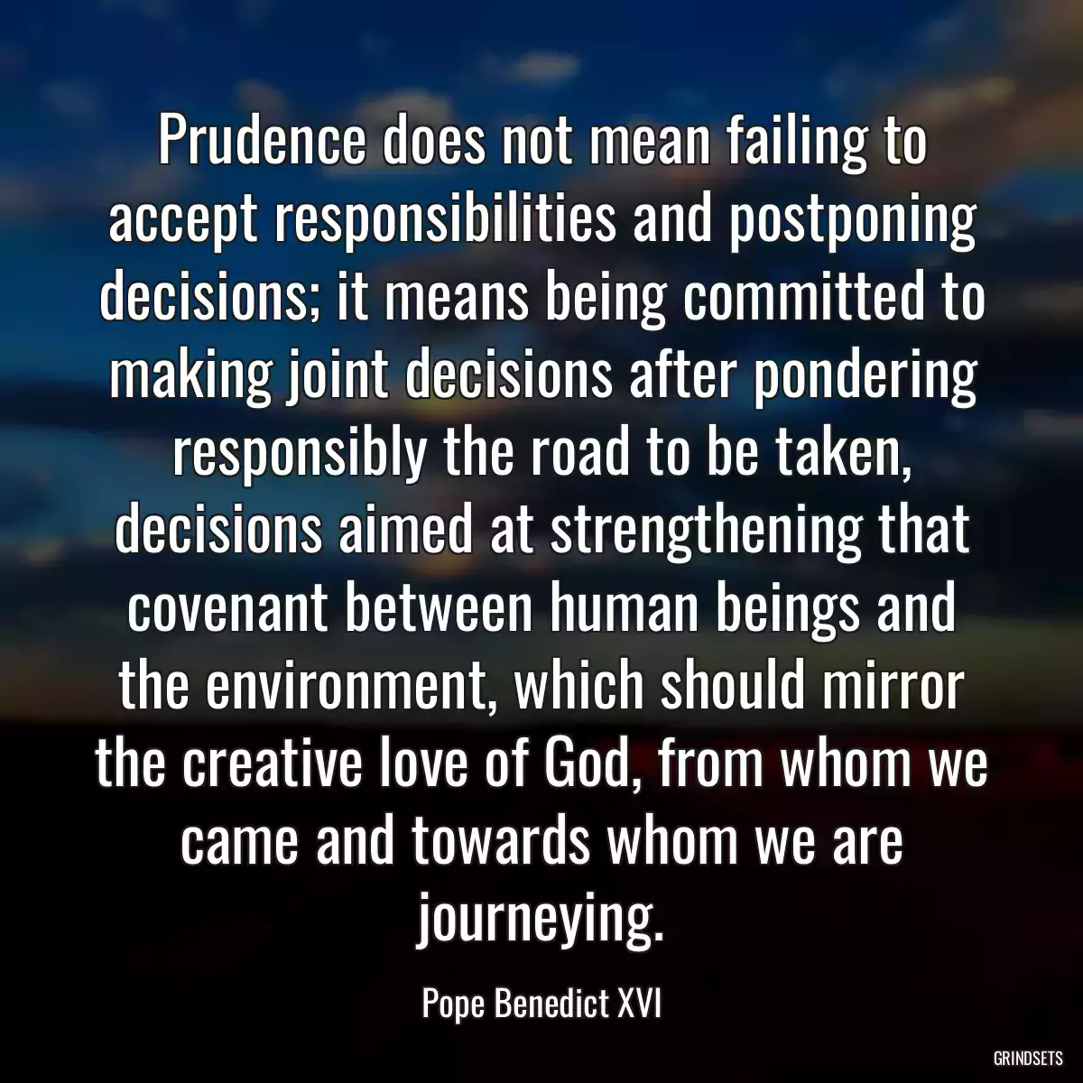 Prudence does not mean failing to accept responsibilities and postponing decisions; it means being committed to making joint decisions after pondering responsibly the road to be taken, decisions aimed at strengthening that covenant between human beings and the environment, which should mirror the creative love of God, from whom we came and towards whom we are journeying.