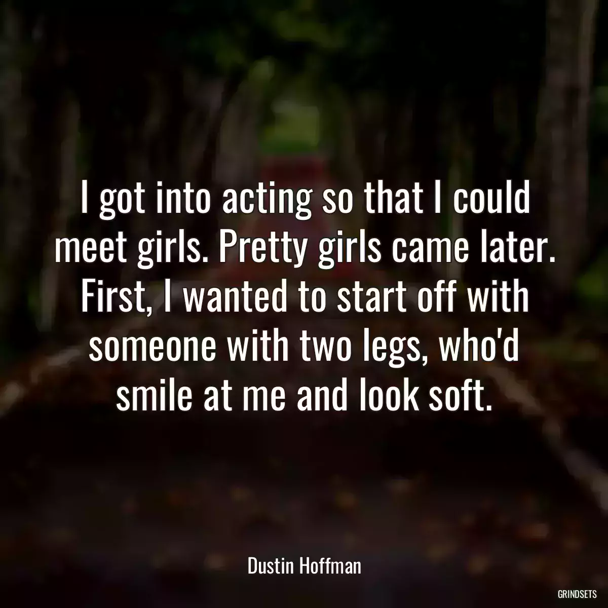 I got into acting so that I could meet girls. Pretty girls came later. First, I wanted to start off with someone with two legs, who\'d smile at me and look soft.