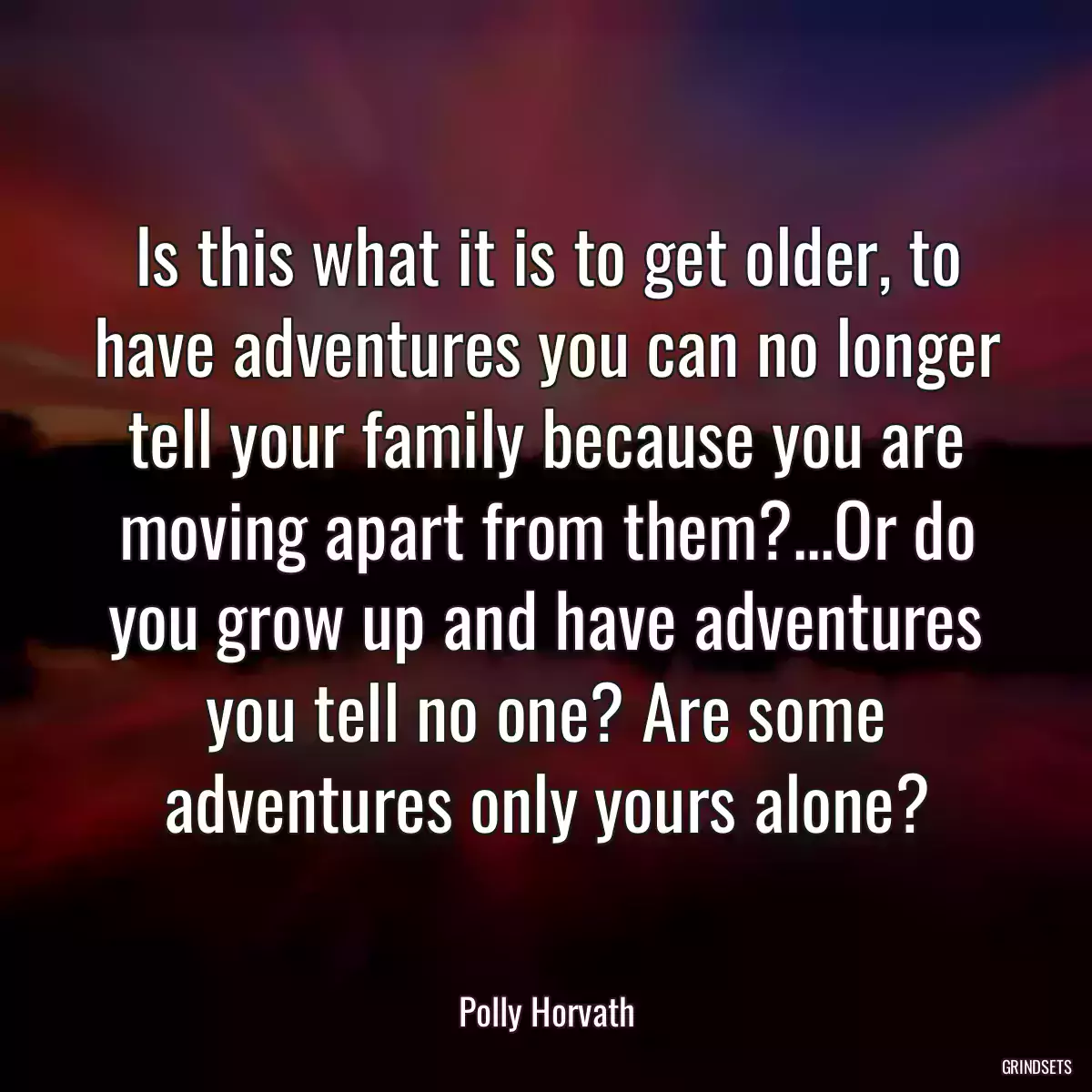 Is this what it is to get older, to have adventures you can no longer tell your family because you are moving apart from them?...Or do you grow up and have adventures you tell no one? Are some adventures only yours alone?