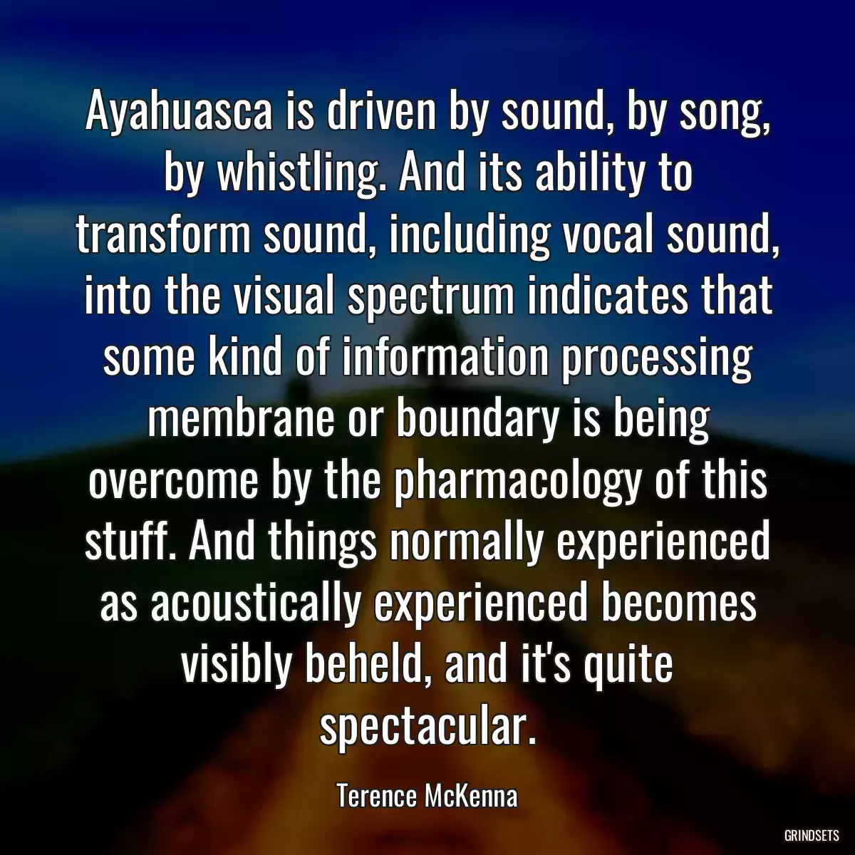 Ayahuasca is driven by sound, by song, by whistling. And its ability to transform sound, including vocal sound, into the visual spectrum indicates that some kind of information processing membrane or boundary is being overcome by the pharmacology of this stuff. And things normally experienced as acoustically experienced becomes visibly beheld, and it\'s quite spectacular.