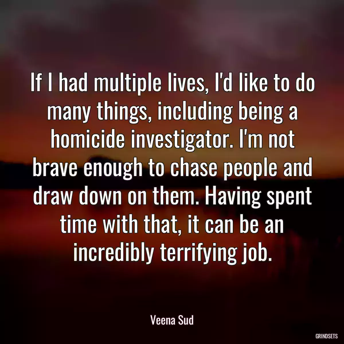 If I had multiple lives, I\'d like to do many things, including being a homicide investigator. I\'m not brave enough to chase people and draw down on them. Having spent time with that, it can be an incredibly terrifying job.