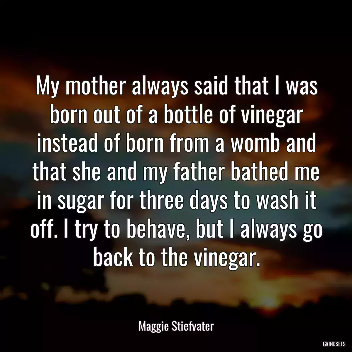 My mother always said that I was born out of a bottle of vinegar instead of born from a womb and that she and my father bathed me in sugar for three days to wash it off. I try to behave, but I always go back to the vinegar.